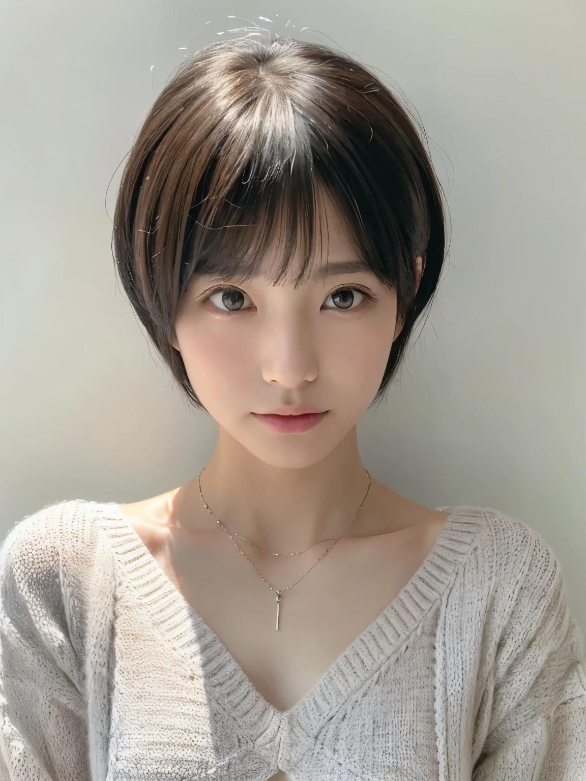 (highest quality、8K、32K、masterpiece、nffsw:1.2)、cute japanese woman pictures、long sleeve dress、very short bobbed hair、Upper body、surface focus、extra large size_sweater、necklace、simple background、From above、looking at the viewer、mix 4、(8K、Raw photo、highest quality、masterpiece:1.2)、(realistic、Photoreal:1.37)、1 girl、cute、professional lighting、photon mapping、Physically based rendering、shortcut、short hair、Handsome、girly、excellent image quality、High resolution、1080P、(clean face)、(Detailed facial description)、(detailed description of handasseter muscle part)、(Detailed CG)、 extreme light and shadow、hair is dirty、masterpiece、rich details、(exquisite features)、(best image quality)、(masterpiece)、(detailed eye)、looking forward to your eyes、delicate clavicle、Versatile poses、Don&#39;don&#39;t watch the mela、profile、white wall、Taken in front of the white door、(white wall room with window)、Spring clothes、simple necklace