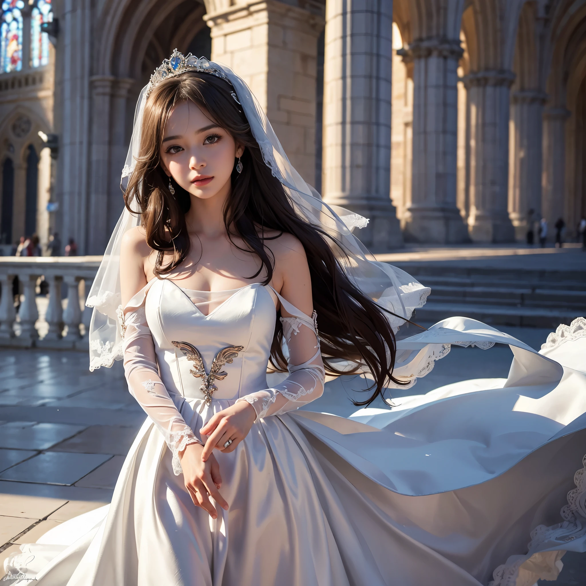 best quality, masterpiece, 1 girl, (yak), cute , shiny lips, sweet, sun glare, Conservative attire, wedding dress, bridal tiara, depth of field, blurred background, Cathedral Background, light particles, strong wind, head tilt, long hair,