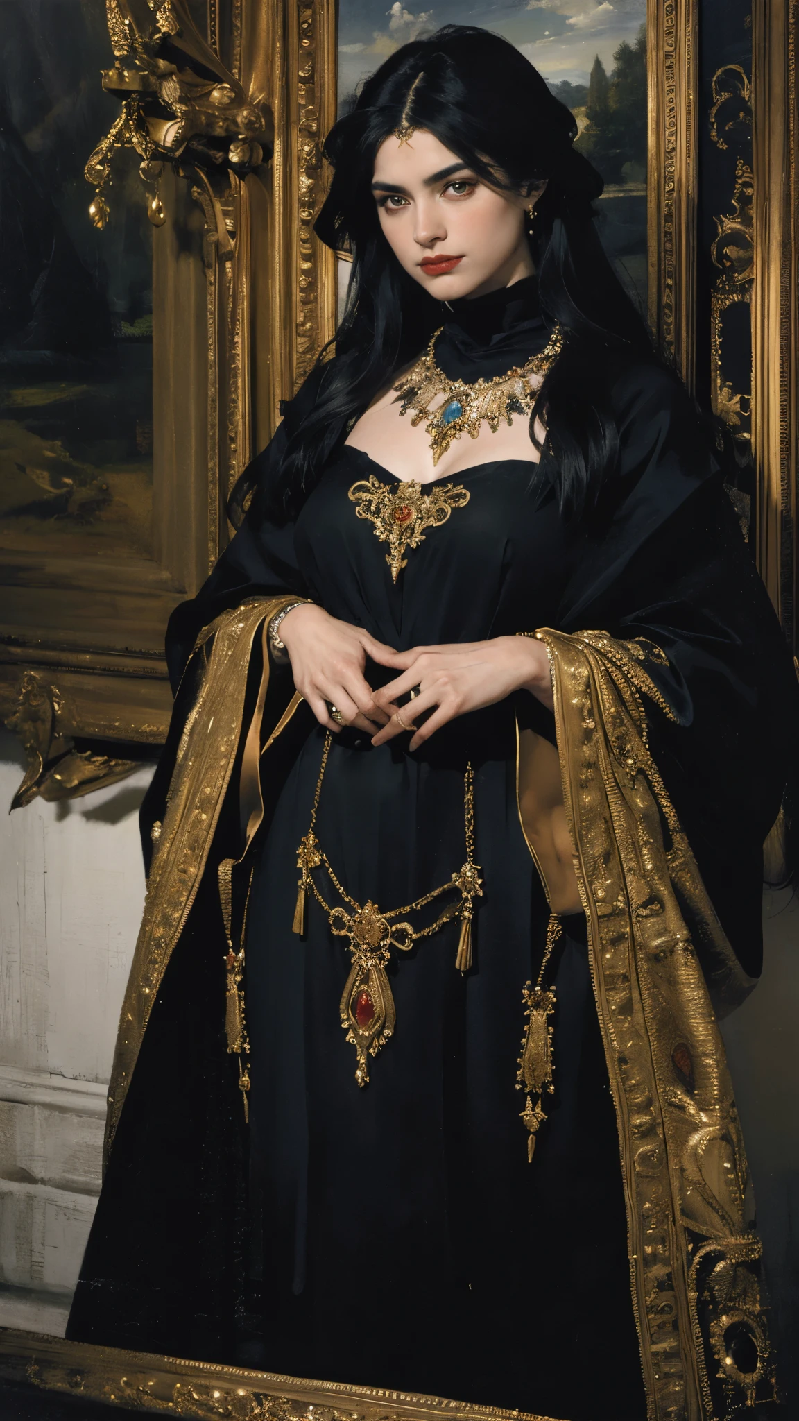 (best quality,4k,8k,highres,masterpiece:1.2), ultra-detailed, (realistic, photorealistic, photo-realistic:1.37), (awe-inspiring, formidable, commanding:1.25), (full-body showcase), (full-body posting), High Priestess, definitive authority, dark religious ceremony, undeniable allure, seductive aura, powerful gaze, breathtaking presence, adorned in ceremonial gown, force to reckon with, gown as a masterpiece, magnetic appeal, terrifying presence, intense reverence and fear, intricate attire details, elaborate designs, subtle shadow and light interplay, character's intense magnetism, each thread telling a story, each fold a testament to power and authority, rich visual storytelling, nuanced details, captivating narrative, intimidating presence, intricately designed attire, dark and sinister ambience, harmonious elements, truly magnificent sight, remarkable depiction, marvel of artistry, teeming with symbolism, layered with meaning.