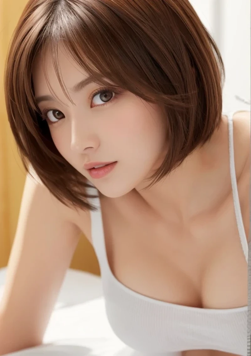 masterpiece、highest quality、High resolution、table top、wallpaper、realistic、bright lighting、professional lighting、face light、smooth lighting、japanese woman、adult、Beautiful woman、action、gravure、sexy、poor、super beautiful、beautiful skin、beautiful and detailed eyes、detailed face、slim、Moderate、short hair、brunette colored hair、brown eyes、look at the camera、I have a saxophone、Buttocks、whole body、