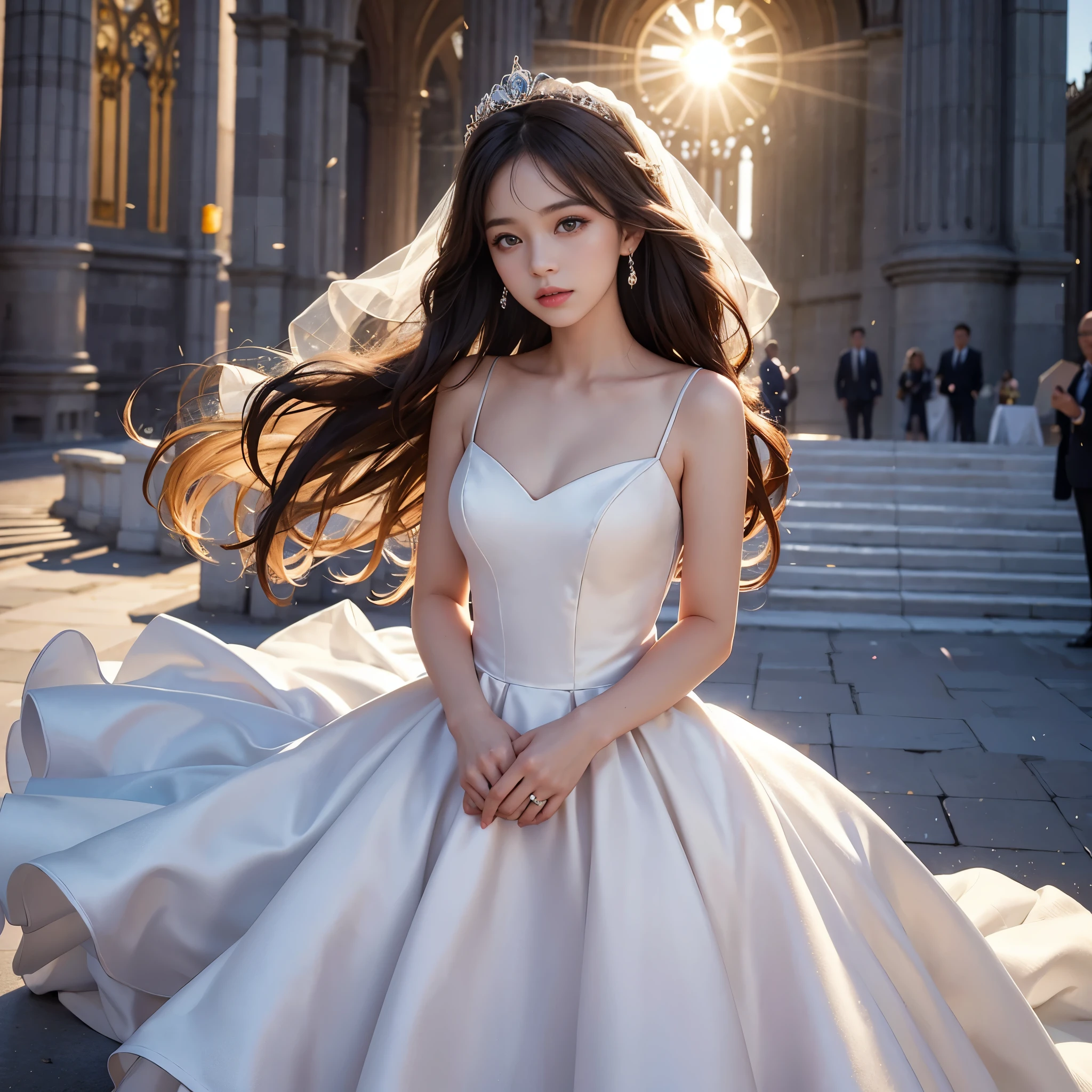 best quality, masterpiece, 1 girl, cute teen, shiny lips, sweet, sun glare, Conservative attire, wedding dress, bridal tiara, depth of field, blurred background, Cathedral Background, light particles, strong wind, head tilt, long hair,