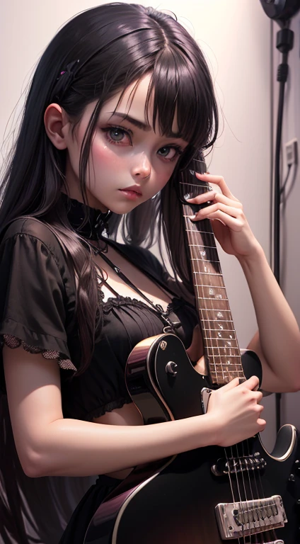 1 girl,small breasts、Electric guitar,Psychedelic alternative rock style,lonely look、looking at the camera、decadent、dark in tone、Trending at Art Station
