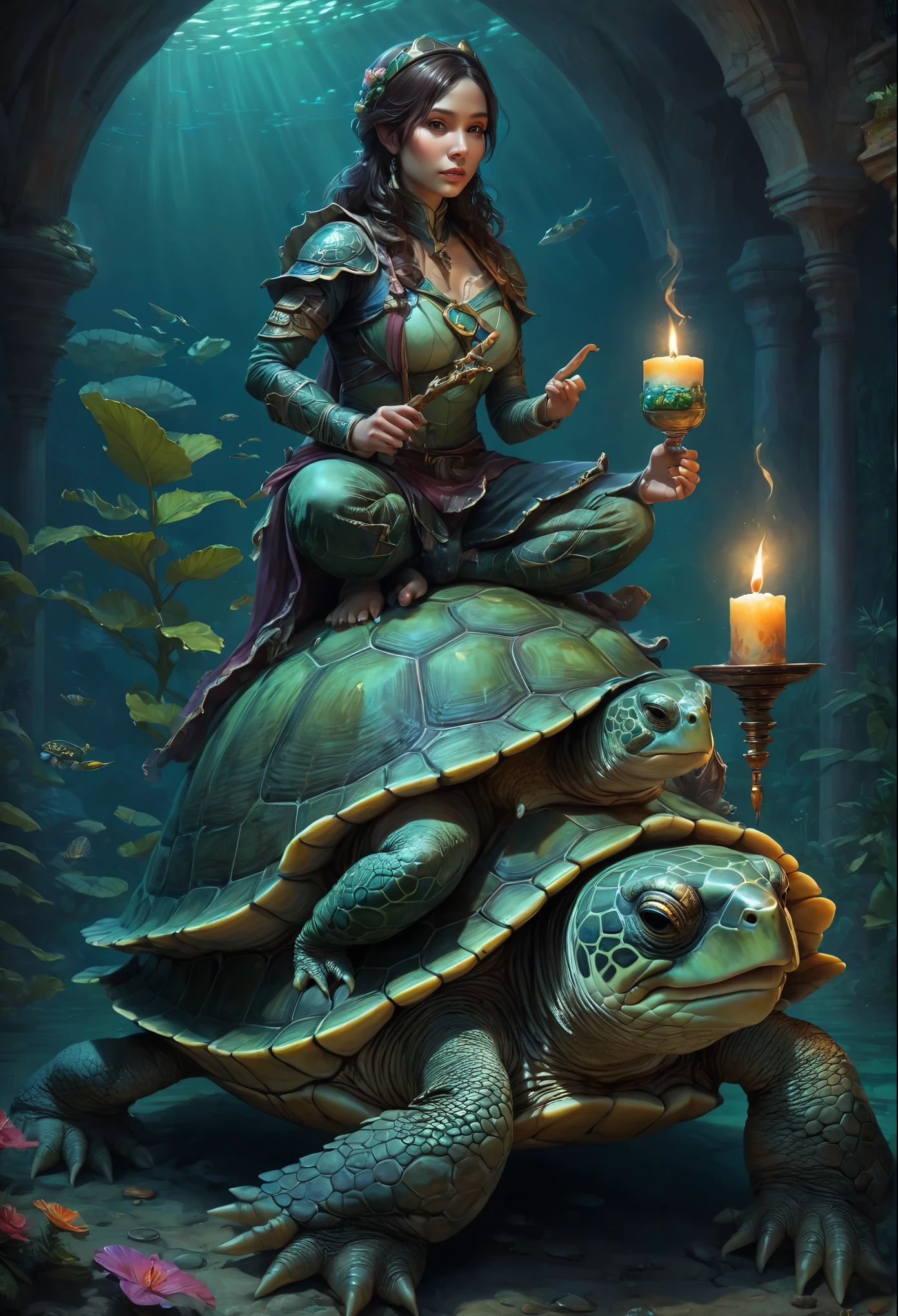a woman with a candle sits on a turtle, anthropomorphic turtle hero, anthropomorphic turtle humanoid, anthropomorphic turtle, an anthropomorphic turtle, as an anthropomorphic turtle, Humanoid monster turtle, Great, twin, large leviathan turtle, Isometric 3d fantasy turtle, realistic fantasy illustration