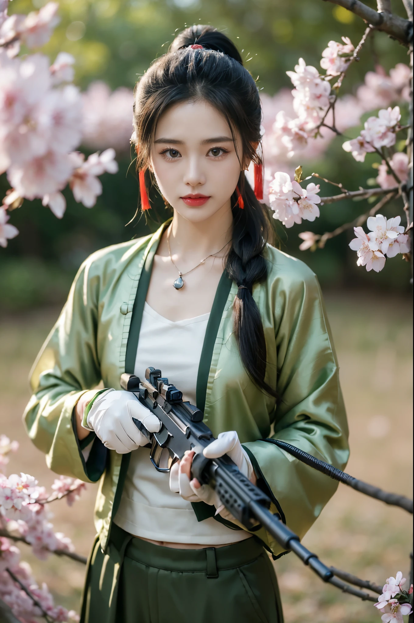 ((((8k))),((Extremely meticulous CG)) ,(wallpaper),16k,((Extremely refined and beautiful)),(((Masterpiece))),(((best qualtiy))),(((Ultra High Resolution))),beautiful light up,Perfect lightning,realistic shaded,((high resolution)),(Smooth and flawless fair skin:1.5),(pale skin:1.3),(Extremely exquisite facial details:1.2),(perfect body:1.1),(ultra-detailed),((A beautiful girl,solo)),(small head:1.2),(very short ponytail:1.2),(small face:1.2),(baby face:1.3),(Exquisite makeup:1.2),(earrings:1.2),(necklace:1.2),(small breasts:1.2),(flat chests:1.2),((slim,thin)),(laughing:1.2),(happy:1.2),(day scene:1.3),(bright sunshine:1.3),(outdoor:1.2),(early spring:1.3),(on the mountain:1.3),(detailed background:1.5),(standing:1.3),(upper body:1.3),(from front:1.2),arafed girl,(holding a submachine gun:1.5),(Green camouflage hanfu_jacket:1.3),(gloves:1.2),(pants:1.2),chinese fantasy,traditional ancient china art style,assault rifle,bokeh,bullpup,cherry blossoms,depth of field,east asian architecture,finger on trigger,kalashnikov rifle,looking at viewer,motion blur,object namesake,pink flower,red lips,ribbon,rifle,scopeshotgun,shrine,submachine gun,suppressor,tree,trigger discipline,weapon,tight sleeves