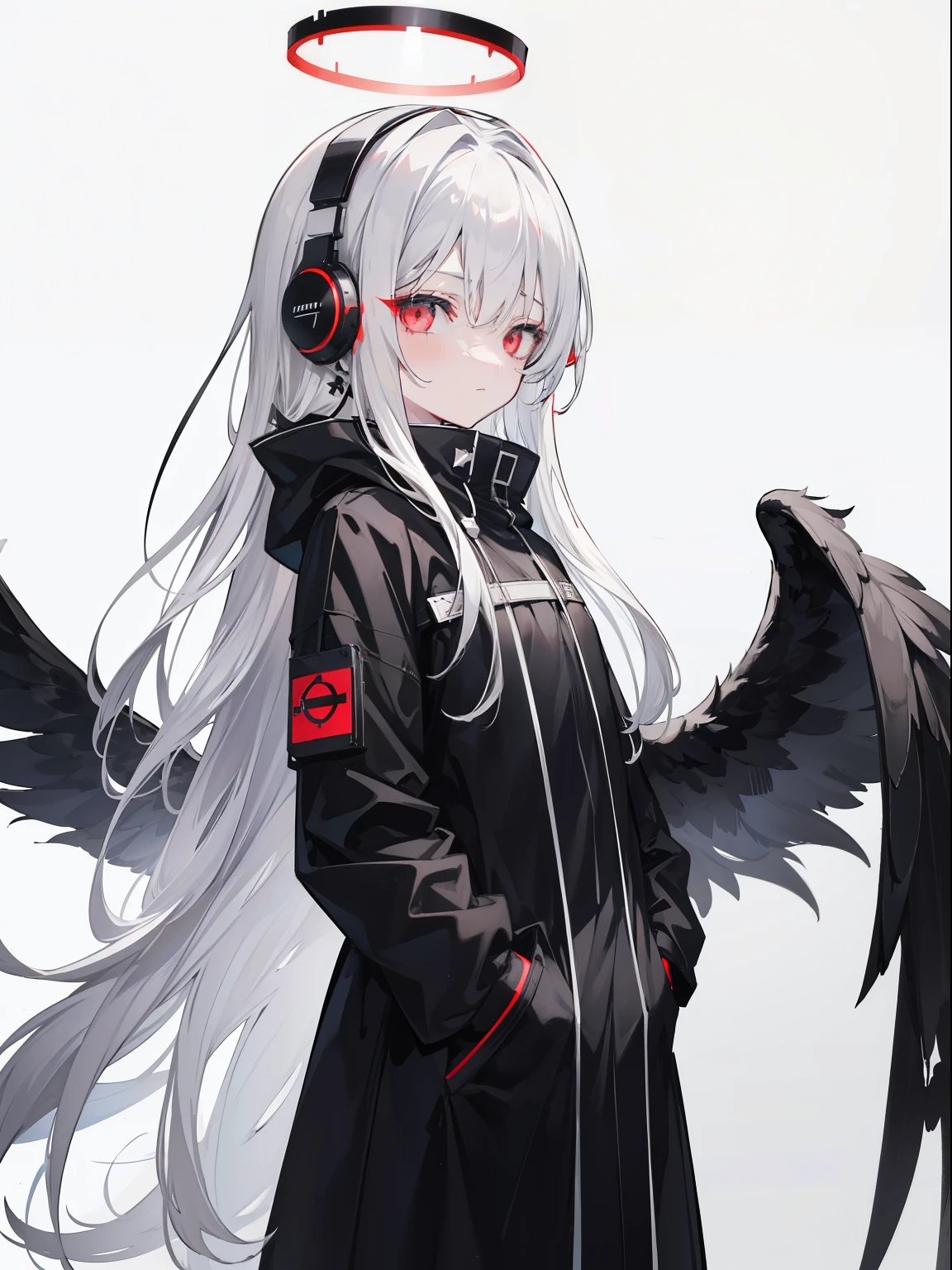 1 girl、oversized folded black wings、broken black halo、gray hair、long hair、He put his hands in the pockets of his long black coat..、white dress、dark、red eyes、headphone、diagonally from the side