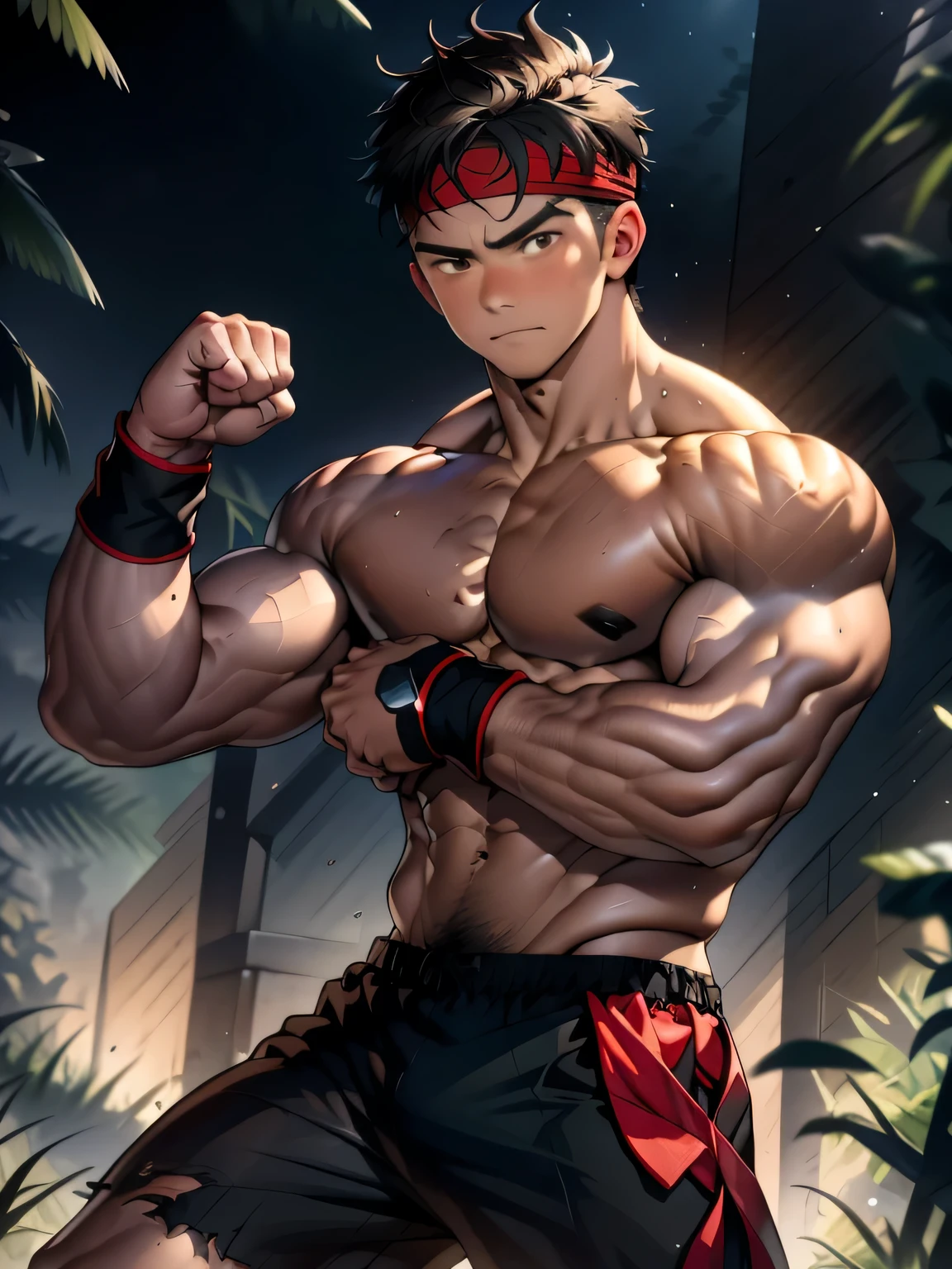 (Masterpiece, Best quality 20 year old boy, simple background, bust shot, looking away), solo, Young, boy, muscler, full bodyesbian, Shirtless, topless, (Dark Short straight hair, under cut, brown eyes), (torn cloth, red headband, ((black wristband))), Vivid colors, (hot Abs, big breast, chest muscle, upper arms), (topless male), closed mouth, tight muscler body, Man with martial arts stance, ((epic martial arts pose, fighting pose))