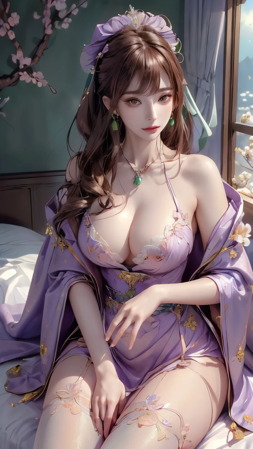 Lisa \(Genshin Impact\), delicated best quality ,masterpiece, illustration, an extremely delicate and beautiful, extremely detailed ,CG ,unity ,8k wallpaper, Amazing, finely detail, masterpiece, best quality, official art, extremely detailed CG unity 8k wallpaper, absurdres, incredibly absurdres, huge filesize , ultra-detailed, highres, extremely detailed, beautiful detailed girl, extremely detailed eyes and face, beautiful detailed eyes, light on face, 1girl, (lie down on bed)!!, anime style, (masterpiece:1.35),(bestquality:1.4), 8k, ultra-detailed, photography, (ultra-realistic:1.4), (depth of field)!!, female focus, mature female, (Pretty Asian female:1.45), , ultra white skin, delicate face, delicate skin, realistic skin, make over face, (looking at viewer)!!!, (COAT_on_SHOULDERS)!!!, blush, closed mouth, seductive smile, peach lips, detached sleeves, gloves, purple witch hat, hat with flower, earrings, fingernails, hair betweeyes, hair bangs, (ultra shine brown hair)!!, very long hair, detailed realistic hair, purple dress, (wear jacket coat)!!!, detailed realistic coat, multicolored clothes, purple capelet, jewelry, detailed jewelry, neck garter, necklace, (covered chest)!!, (coat_on_breast)!!, slim legs, petticoat, fishnet legs, pantyhose, smooth thighs cleavage, garter thighs, nontraditional Lisa, (sharp eyes)!!, (eye's pupils colored by shiny green:1.25)!!, (homochromatic eyes)!!, (exposed eyes)!!, cherry blossom, window, There are birds in the sky, There are butterflies, Snowy mountain in the background of windows, The sky is blue, river outside the room, Lisa \(Genshin Impact\), (correct anatomically)!!