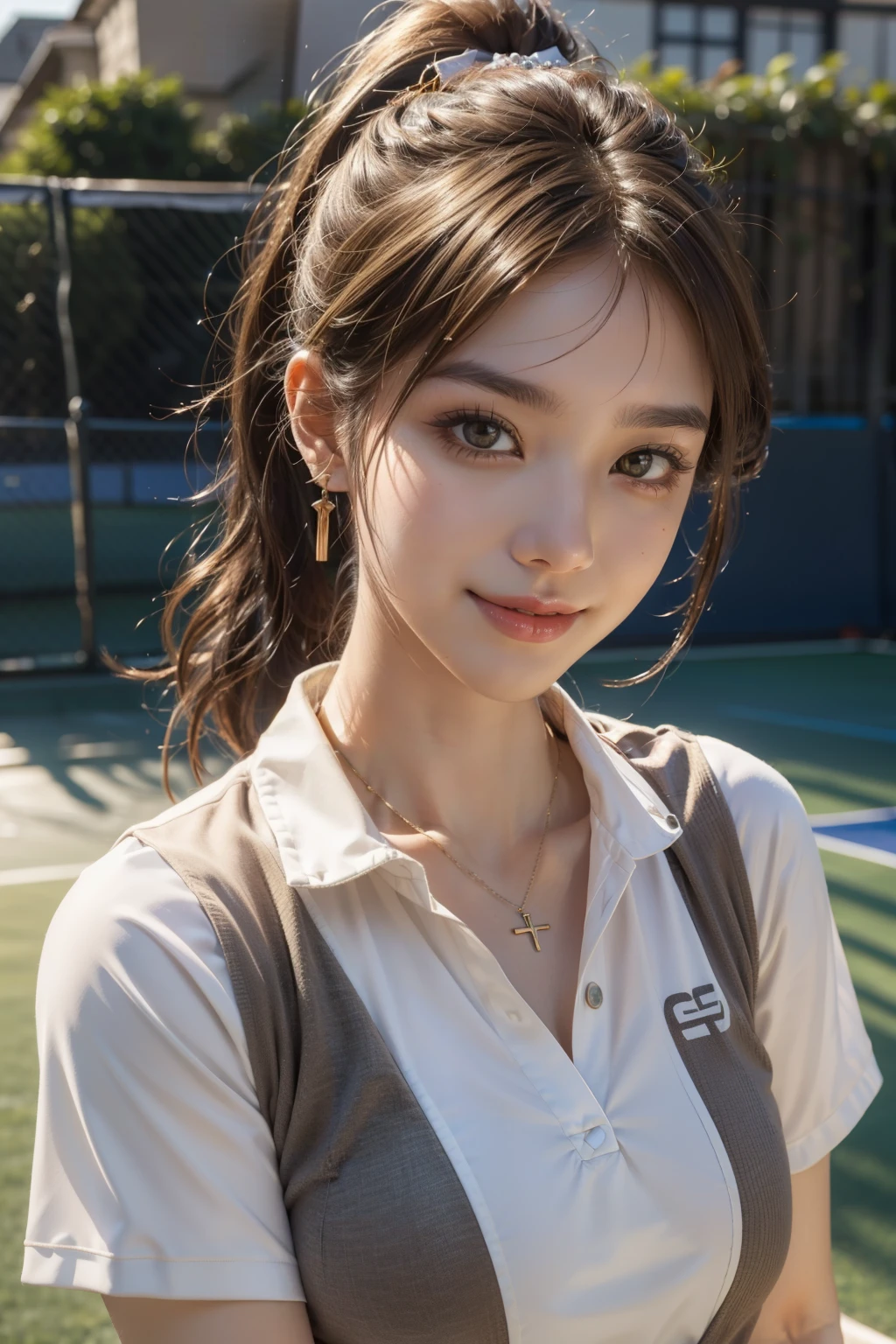 (best quality, 8k,32k,masterpiece, UHD:1.2),extremely detailed CG unity 8k wallpaper,intricate details,Raw photo,(photorealistic:1.4),atmosphere,ultra high res,Realistic,Real,Huge_filesize,incredibly absurdres,(centered:1.3),Ultra illustration,(ultra-detailed),dramatic lighting,various colors,depth of field,art by krenz cushart,golden hour lighting,taken by Canon EOS,SIGMA Art Lens 35mm F1.4,ISO 200 Shutter Speed 2000,blurry background,
BREAK,
1girl,(smile:1.4),slim body,(ponytail:1.4),solo,20-year-old Japanese beautiful woman, (Wearing a tennis uniform: 1.4),(light brown hair:1.5),((brown eyes)),Large breasts,chest, Soft white skin that shines with every detail,pale skin,Very beautiful face,Very well-formed face,Natural and realistic face,Best,beautiful detailed eyes,striking eyes,Eyes drawn in detail, smile with your mouth closed,Detailed mouth,Detailed lips,shiny beautiful lips,Glossy lips,simple earrings,necklace,jewelry, solo focus,low neckline,
BREAK,
Front lighting,kool,Standing,sensual expression, BREAK,
(Dutch angle:1.4),looking at viewer,
BREAK,tzuyu,yui aragaki,