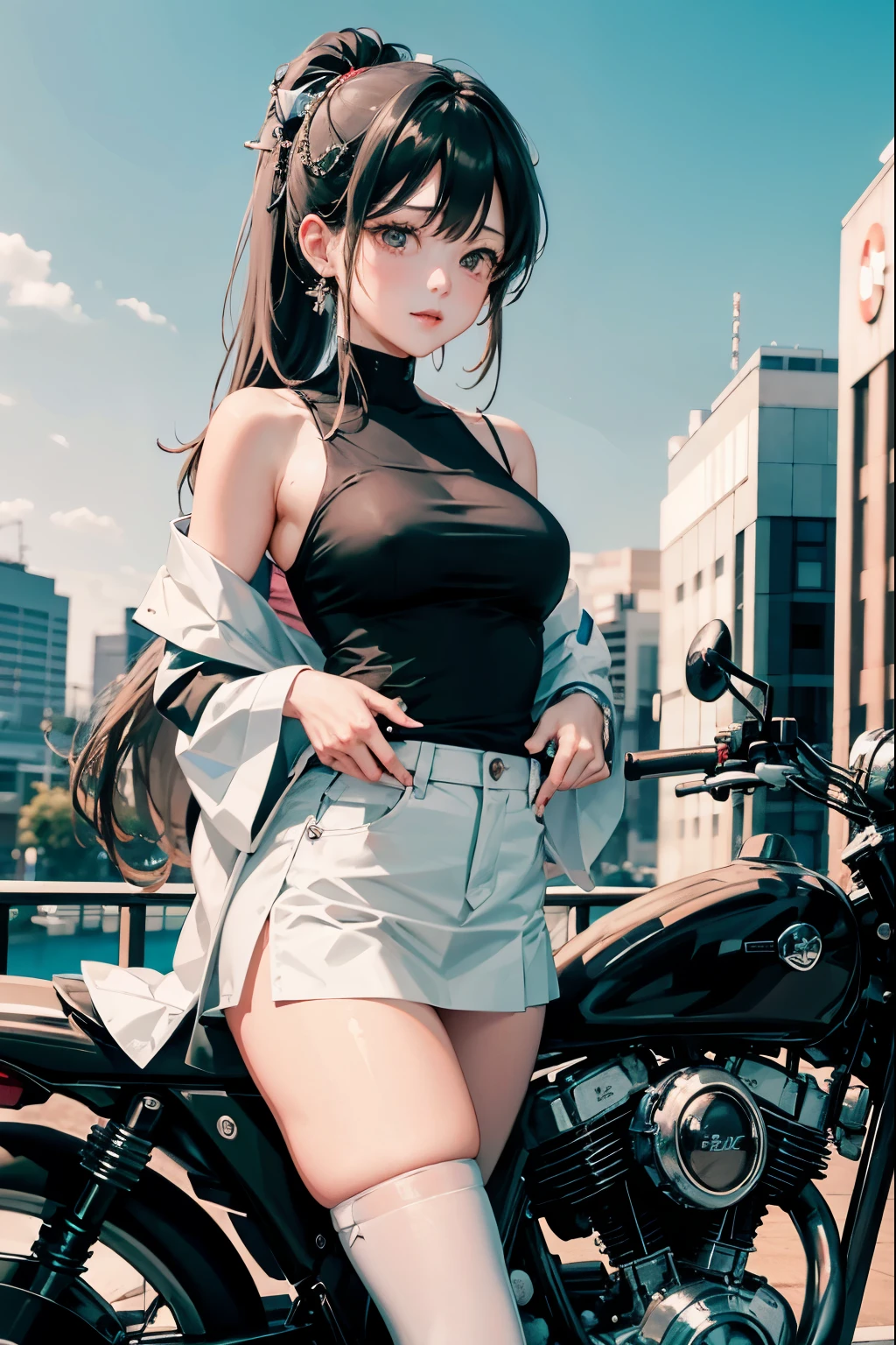 Japan riding a bicycle,The miniskirt is riding up、white panties、spread legs ponytail、beautiful thighs、Her knees are up、I can see white pants.、Beautiful panties、beautiful girl、Beautiful woman、Beautiful woman、con hentai、Beautiful panties、beautiful thighs、beautiful girl、Beautiful woman、Happy!!!, , motorcycle,[ realistic pictures ]!!, High resolution,