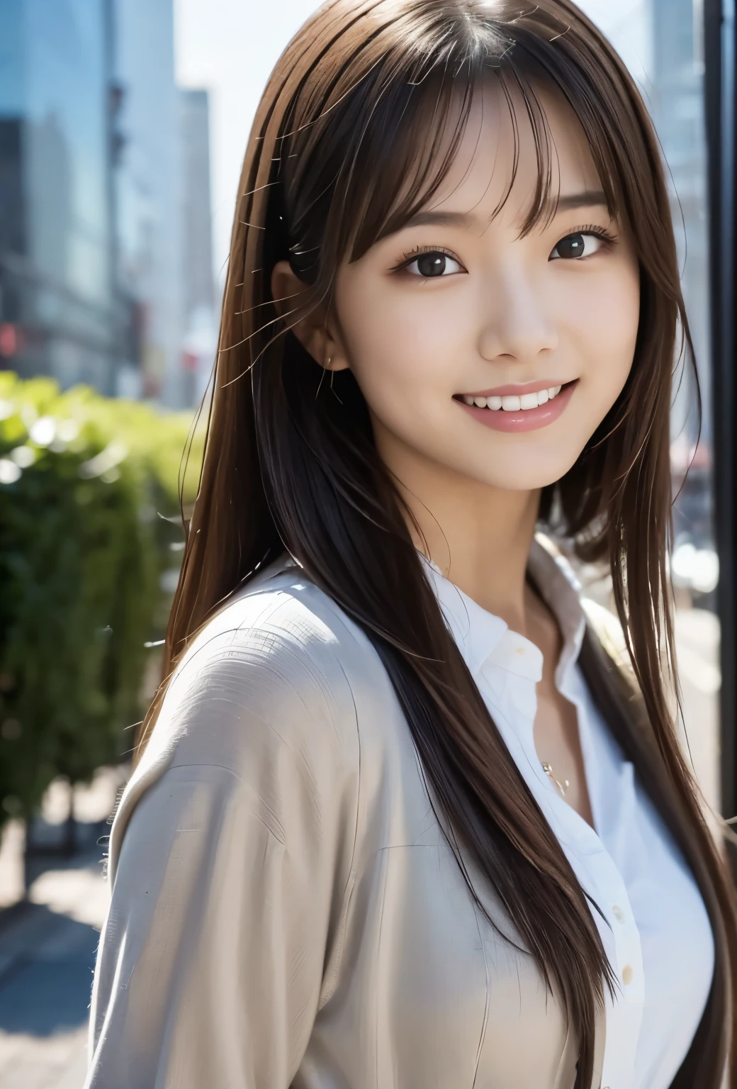 (((Morning City:1.3, outdoor, Photographed from the front))), ((long hair:1.3, suit,japanese woman,smile, cute)), (clean, natural makeup), (highest quality, masterpiece:1.3, 超High resolution), (Super detailed, caustics), (realistic:1.4, RAW shooting), very detailed, High resolution, 16K resolution