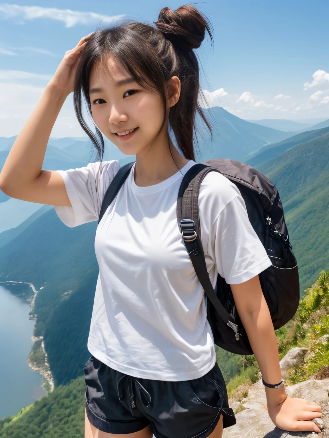 Masterpiece, realistic, Naturescape photography; mountain climbing; (1girl:1.3), (slender body), (Wearing a white T-shirt loose, Wearing a gingham check shirt, Black nylon fabric shorts), (Bun hair), (dark-brown hair), (asian girl, 18 years old, ultra delicate face, ultra Beautiful fece, ultra delicate eyes, ultra detailed nose, ultra detailed mouth, ultra detailed facial features), (face is shiny:0.8), light smile, Carrying a backpack