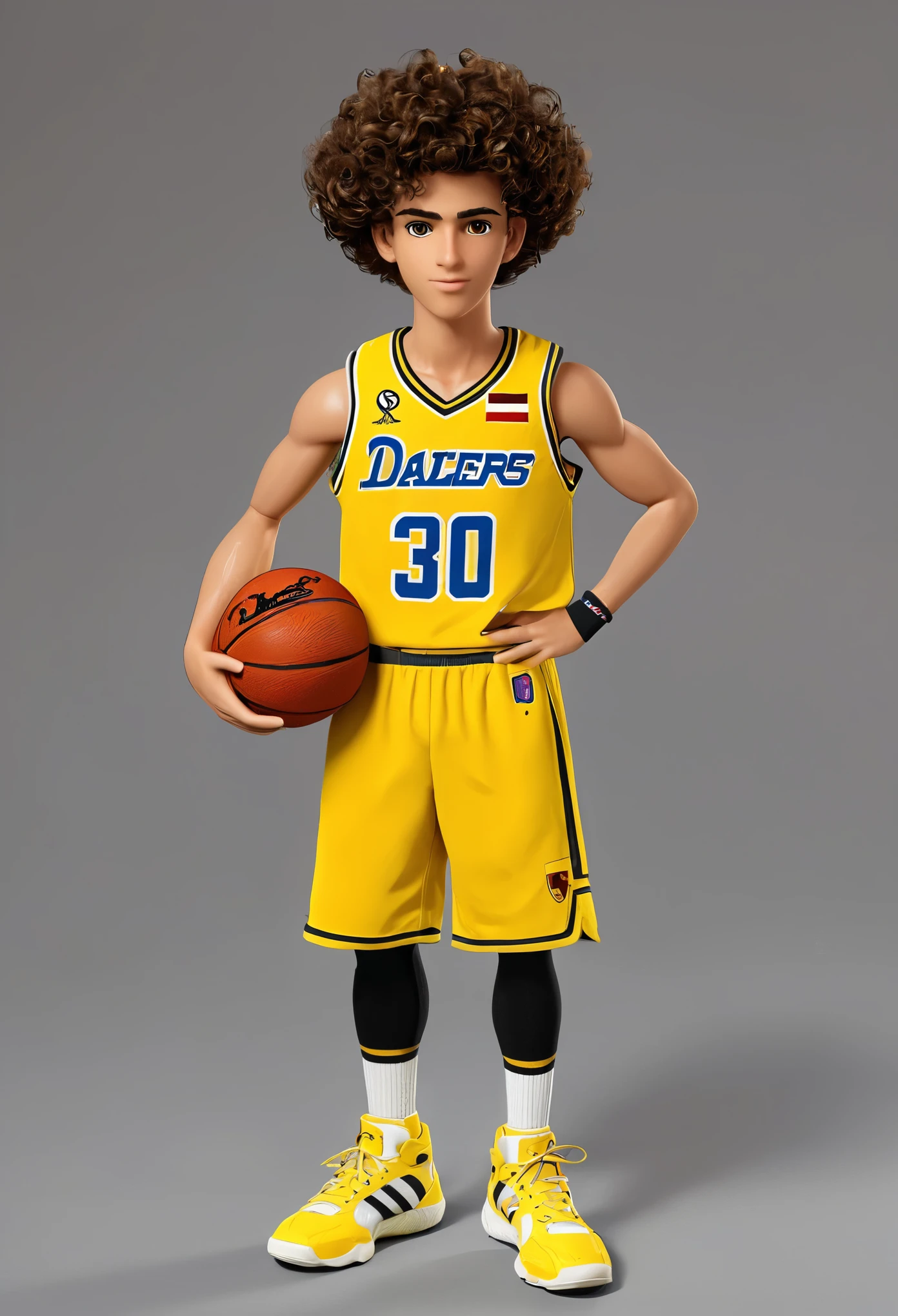 The character is a basketball player with curly hair. He wears a yellow basketball accessory on his right arm and two black basketball accessories on both legs.. Your sneakers are the MV 0.3 da Porsche, como os usados por Lamelo Ball. Ele tem uma pele negra, but not too dark, more for a medium skin tone. He wears jersey number 30 during games.