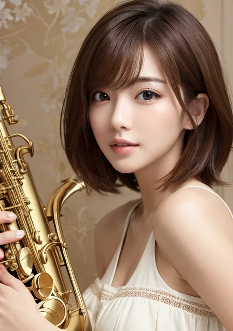 masterpiece、highest quality、High resolution、table top、wallpaper、realistic、bright lighting、professional lighting、face light、smooth lighting、japanese woman、adult、Beautiful woman、action、gravure、sexy、poor、super beautiful、beautiful skin、beautiful and detailed eyes、detailed face、slim、Moderate、short hair、brunette colored hair、brown eyes、look at the camera、I have a saxophone、Buttocks、whole body、
