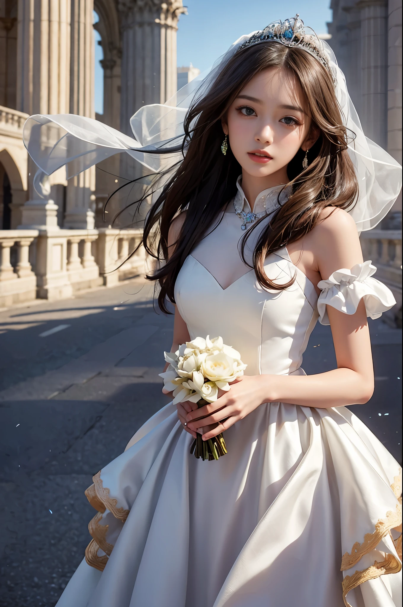 Close-up of a beautiful bride in a beautiful sheer wedding dress, Gurvetz,( pillory:1.5), Flail on the head, Flail on the hands, Flail,(Bridal veil: 1.5), (Short transparent veil: 1.5), Flushed face, Head flower, head gear, (Tubular wedding dress: 1.5), (Silk dress: 1.2 ), (Strapless wedding dress: 1.5), Pure white dress, necklace, Earrings, (small breasts: 1.3), Deep V heart collar wedding dress, bangs, lipstick, (Lace gloves: 1.3), Full body photo, High detail RAW color art, a white long skirt, Whole body, with hands behind her back, and floor-length skirts, in bedroom