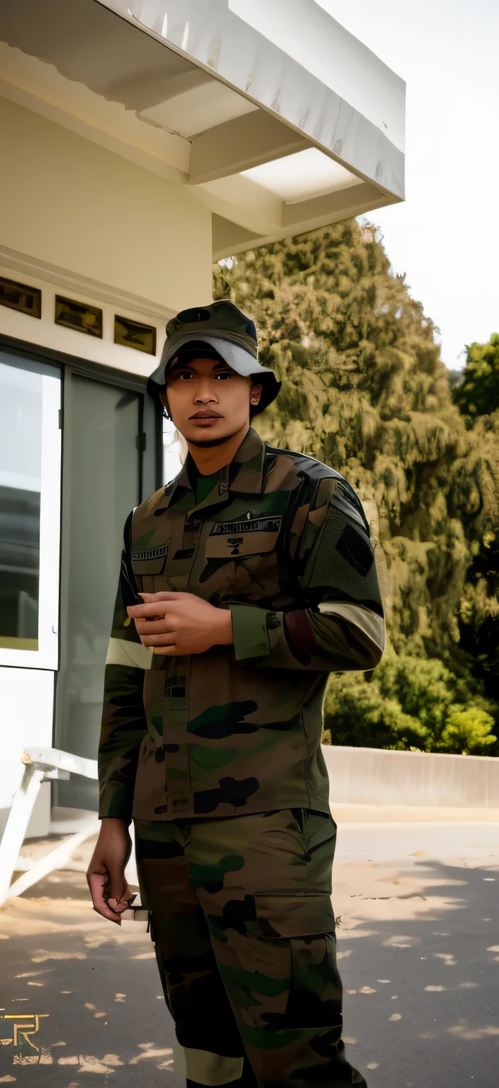there is a man standing outside the building wearing a camouflage hat, military camouflage shirt,portrait, nivanh chanthara, andy worhol, thawan duchanee, mohamed chahin, protrait, 2 7 years old, profile photo, profile photo, profile photo, profile photo, very clear picture , very handsome, 2-8 years old, full of motivation, full body image