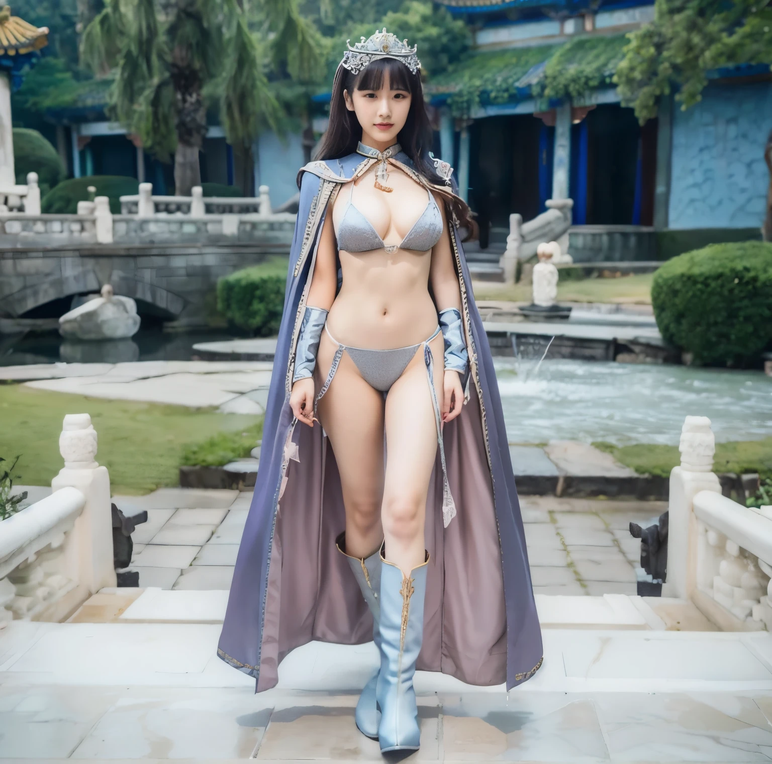 Araf woman in bikini and cape posing for photo, full body xianxia, long legged girl，put on boots，Beautiful fantasy queen, 穿着fantasy costumes, Gorgeous role play, Queen of the Sea Mu Yanling, cosplay photos, fantasy costumes, Anime Girls Cosplay, elegant Fascinating role play, promotional role play, Sha Xi, Charming elf princess knight, wenfei ye, Fascinating role play