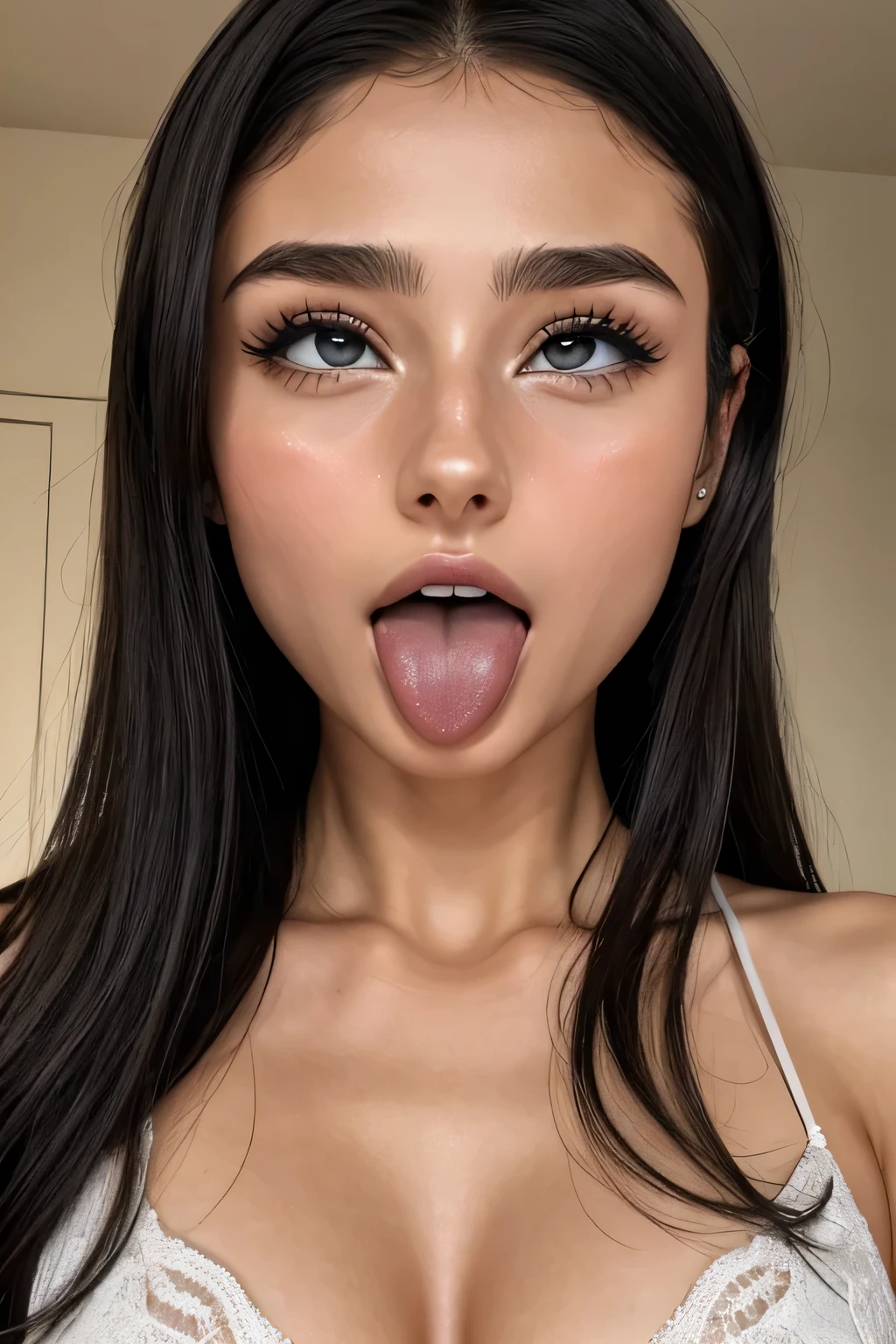 Taylor Hill,beautiful japanese woman,1 girl、debris flies、、award winning photos、very detailed、eye、nose、focus on the mouth、close up focus on face))、A woman with her mouth open and her eyes closed、35 years old、black hair、Wrinkle eye:1.1、symmetrical face、realistic nose hole、from belowのアングル、Elongated C-shaped nose hole NSFW、sweaty skin、Lighting that emphasizes the skin shining with sweat、((sharp nose))Skin shiny with sweat、shiny skin、sweaty hair、upper eye user、(wrinkles between eyebrows))(cum on tongue)Lighting that does not cast shadows on your face、from below、(camisole)long tongue、drooling.upper body only,Ellipsoidal surface、stage lighting,semi-backlit,
