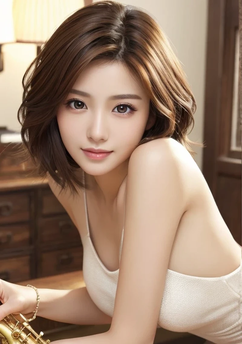 masterpiece、highest quality、High resolution、table top、wallpaper、realistic、bright lighting、professional lighting、face light、smooth lighting、japanese woman、adult、Beautiful woman、action、gravure、sexy、poor、super beautiful、beautiful skin、beautiful and detailed eyes、detailed face、slim、Moderate、short hair、brunette colored hair、brown eyes、look at the camera、I have a saxophone、Buttocks、whole body、