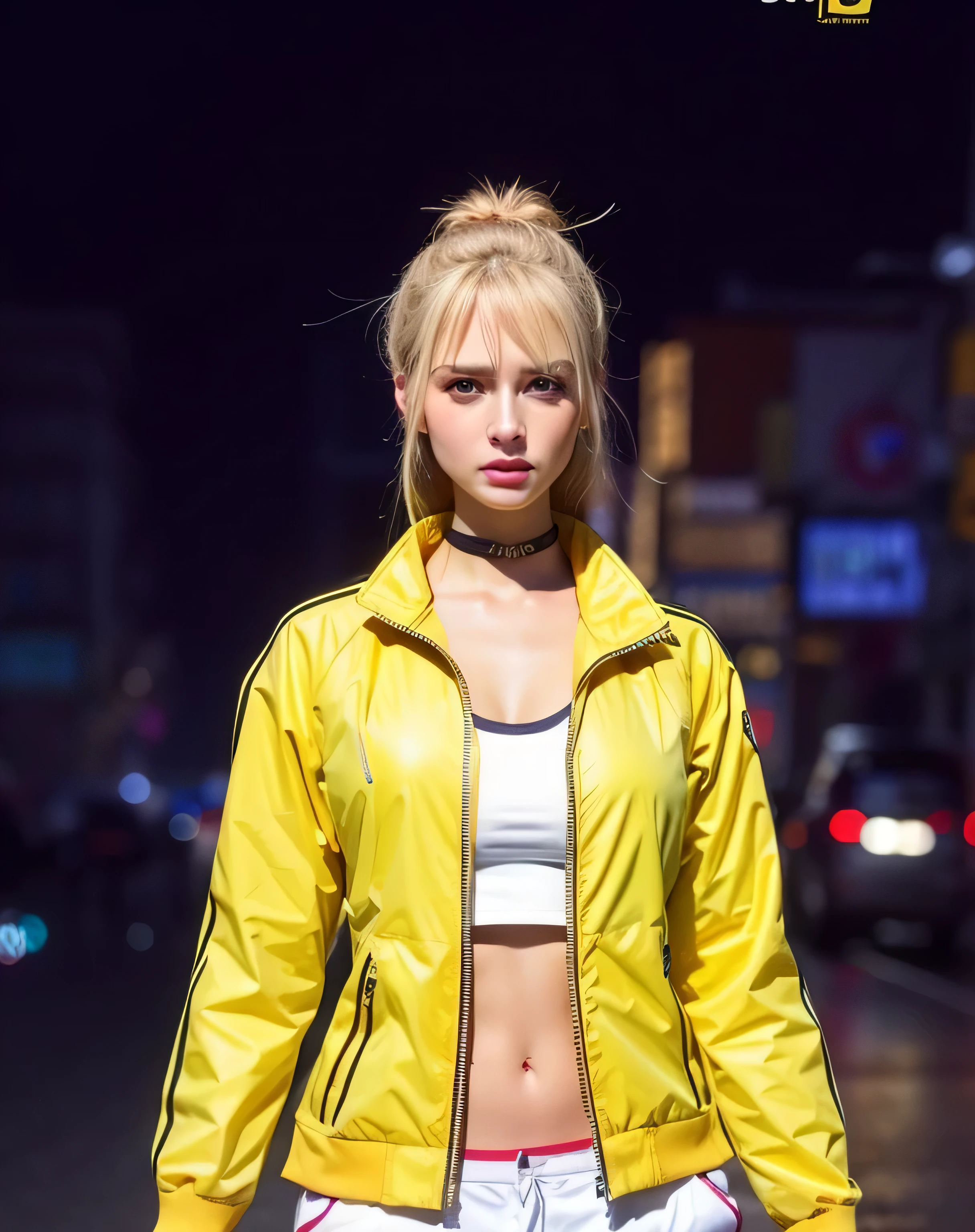 cute women with yellow jacket and white pants, big , realistic 