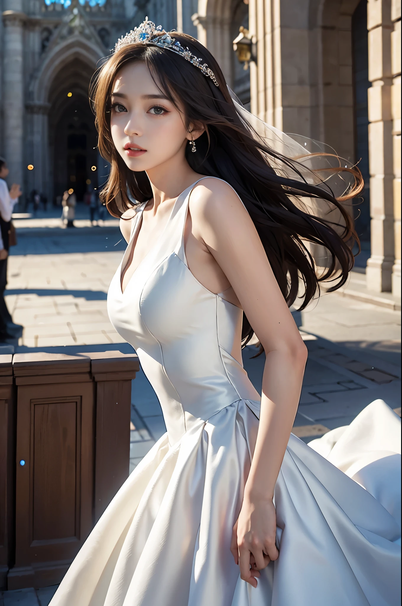 best quality, masterpiece, 1 girl, cute teen, shiny lips, sweet, sun glare, Conservative attire, wedding dress, bridal tiara, depth of field, blurred background, Cathedral Background, light particles, strong wind, head tilt, long hair,