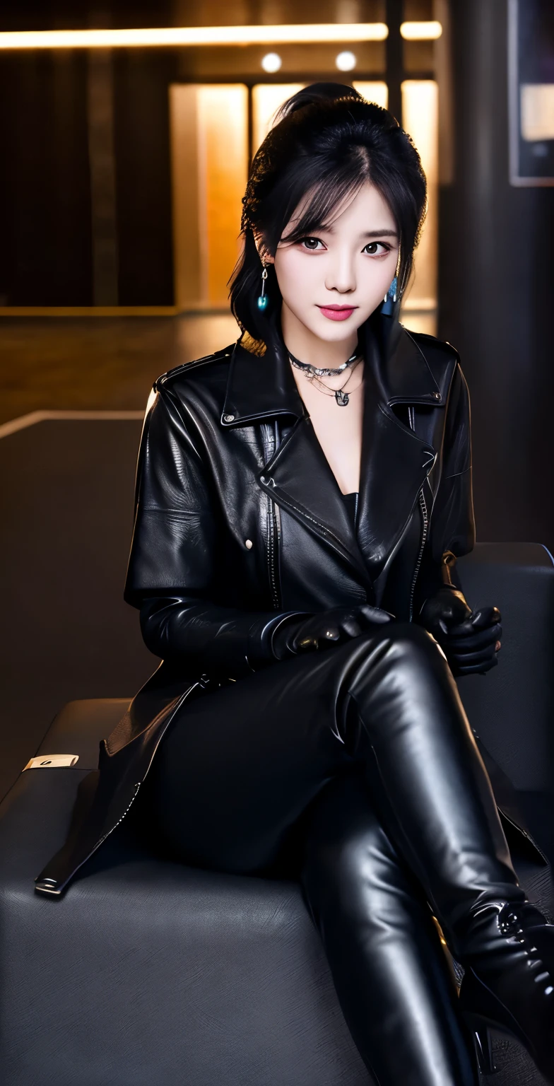 black leather rider jacket, office in the dark, Fingertips of black leather gloves on both hands,wearing black leather gloves,sitting in a black leather chair、 Japanese female new employee (black leather gloves cover both hands) (The angle is horizontal)、black leather leather pants,black leather black leather pants,black leather skinny pants、Long black leather boots on both feet、black hair ponytail ((He wears black leather gloves on his hands))full body photo,full body shot full body full body leather suit,☺If you turn in this direction。wearing black leather gloves,wearing black leather gloves,wearing black leather gloves,wearing black leather gloves,wearing black leather gloves,wearing black leather gloves,黒のレザーパンツが美しい😍黒のレザーパンツが美しい😍黒のレザーパンツが美しい,😍I'm smiling while looking at you,city lights、((neon cyberpunk city street:1.3))、(neon light)、detailed lighting、
best image quality、ultra high resolution、(realism:1.4)、korean beauty star、The most beautiful KPOP stars、face、horny korean makeup、A body that makes you want to touch it、realistic leather texture、Costume made of smooth leather fabric、The drape of the curved parts of the leather fabric、The costume has a strong shine、costume quality、8K photo quality