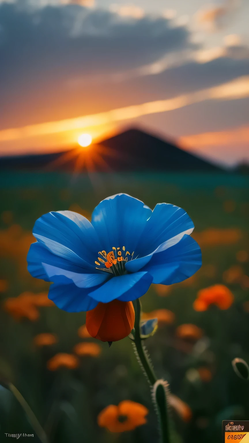 a close up of a orange flower in a field with a sunset in the background, himalayan poppy flowers, orange flower field, glowing orange by greg rutkowski, by Tadashi Nakayama, blue - petals, orange sunset, floral sunset, glowing orange, orange sunshine, beautiful flower, crown of orange flowers, beautiful setting, vibrant orange, incredibly beautiful, orange flowers