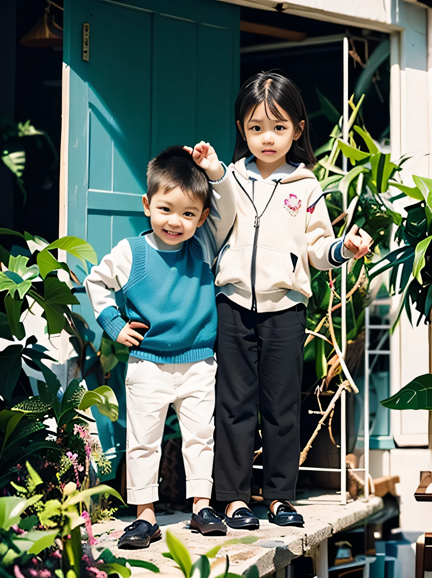 Highly realistic photo, ((masterpiece), (best quality), (raw photo), (photorealistic:1.4), old photo of two young vietnamese children standing in the corner, behind them is an overgrown garden with plants and trees, ((5 year old sister and 2 year old brother)), Boys have high forehead, silky hair, girls have long black hair with bangs, they look happy but not looking at camera, ((black pants)), in front of window, on white background, realistic, vignette, photo taken by Sony A7IV