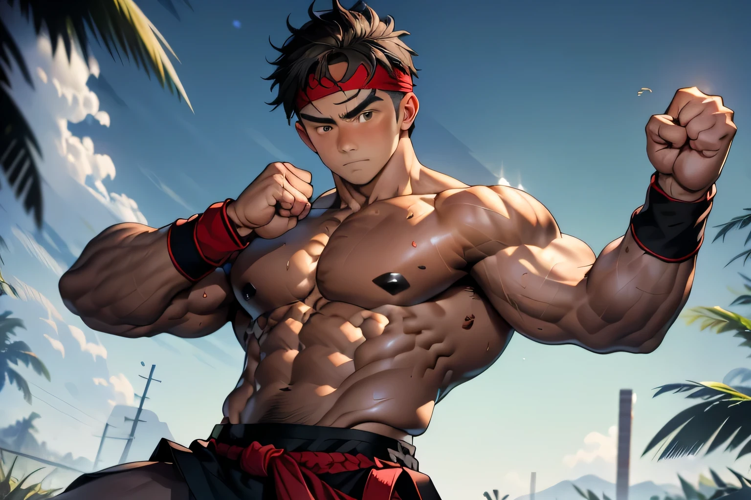 (Masterpiece, Best quality 20 year old boy, simple background, bust shot, looking away), solo, Young, boy, muscler, full bodyesbian, Shirtless, topless, (Dark Short straight hair, under cut, brown eyes), (torn cloth, red headband, ((black wristband))), Vivid colors, (hot Abs, big breast, chest muscle, upper arms), (topless male), closed mouth, tight muscler body, Man with martial arts stance, ((epic martial arts pose, fighting pose))