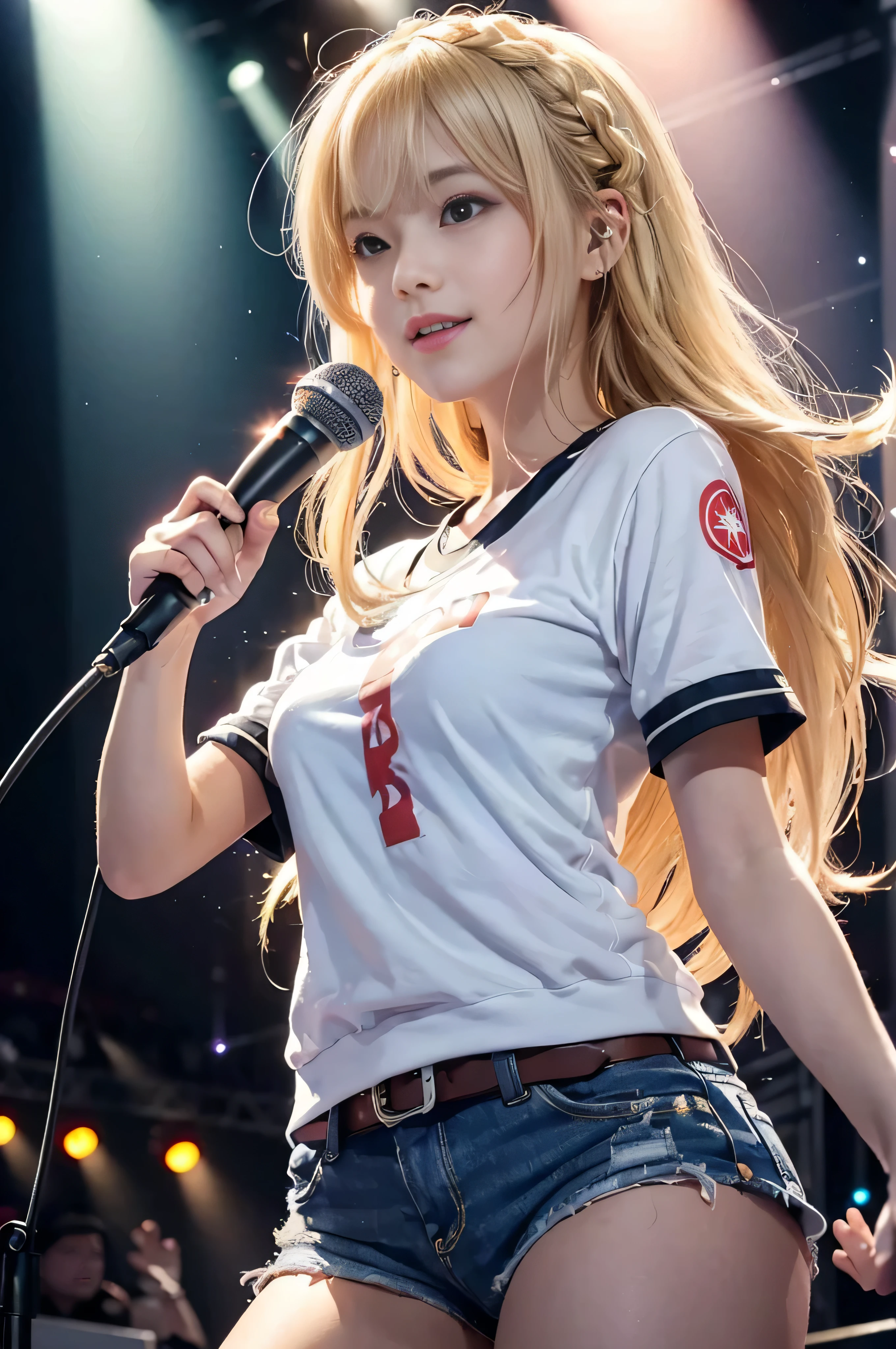 ((RAW image quality:1.4)), Japan idols perform, ((8K, RAW photo, Highest image quality, muste piece:1.2)), (Reality, It's photorealistic: 1.3), (Depth of the bounds written: 1.2), Beautiful Japan woman in her 20s, dynamic angle, (1 person:1.3), 1 , Idol type, yellow t-shirt, Low Rise Short Denim Pants, black baseball cap, volumetric lighting, Highly detailed face and skin texture, delicate eyes, blonde, braid hair, flowing hair, cute smile, microphone, neon light, Neon Rim Light, Laser beam on stage, psyllium, Spotlight, cowboy shot, mood lighting, concert venue, stage podium, (Audience around the stage: 1.5), (Hold the microphone and sing on stage:1.5), complex detail, (round face: 2.0), (Explosion of pixel particles:1.2), dynamic lighting, from below
