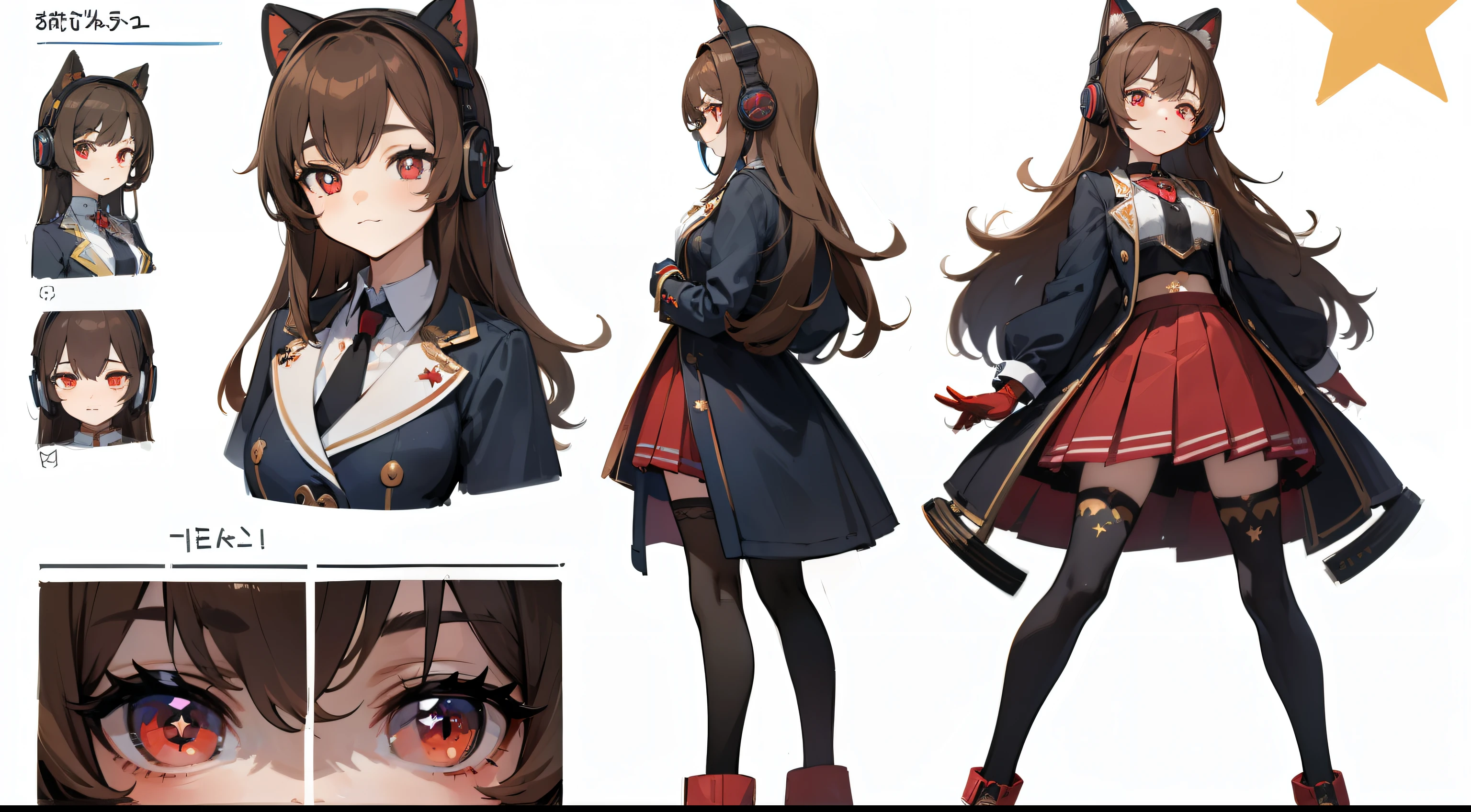 ((masterpiece, highest quality)), detailed face, character sheet, full body, Full of details, Multiple poses and expressions, very detailed, depth, many parts, 1 girl, girl in skirt and headphones, :3, Idol, Magical girl, long hair, bangs, brown hair, black crop top, red skirt, gloves, stockings, black choker, red eyes, star (symbol), symbol-shaped pupils,