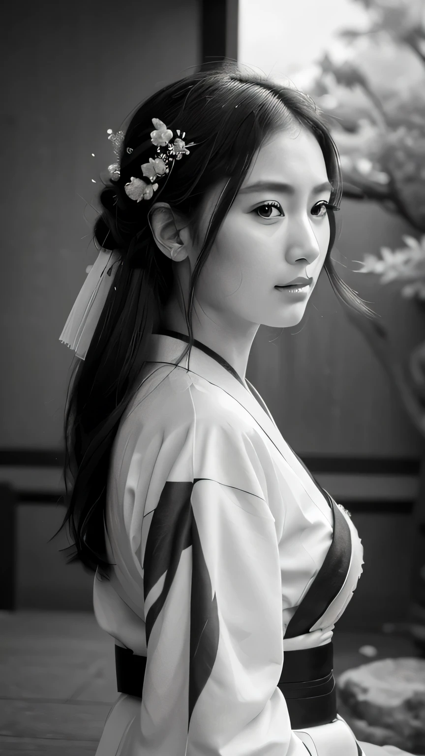 (best quality,ultra-detailed,realistic:1.37),portrait,Japanese princess,pencil drawing,black and white,exquisite details,graceful pose,flowing kimono,elaborate hair accessories,serene expression,piercing eyes,delicate facial features,subtle shading,vivid contrast of light and shadow,dramatic lighting,majestic background,traditional Japanese garden,subtle color tones,intimate atmosphere
