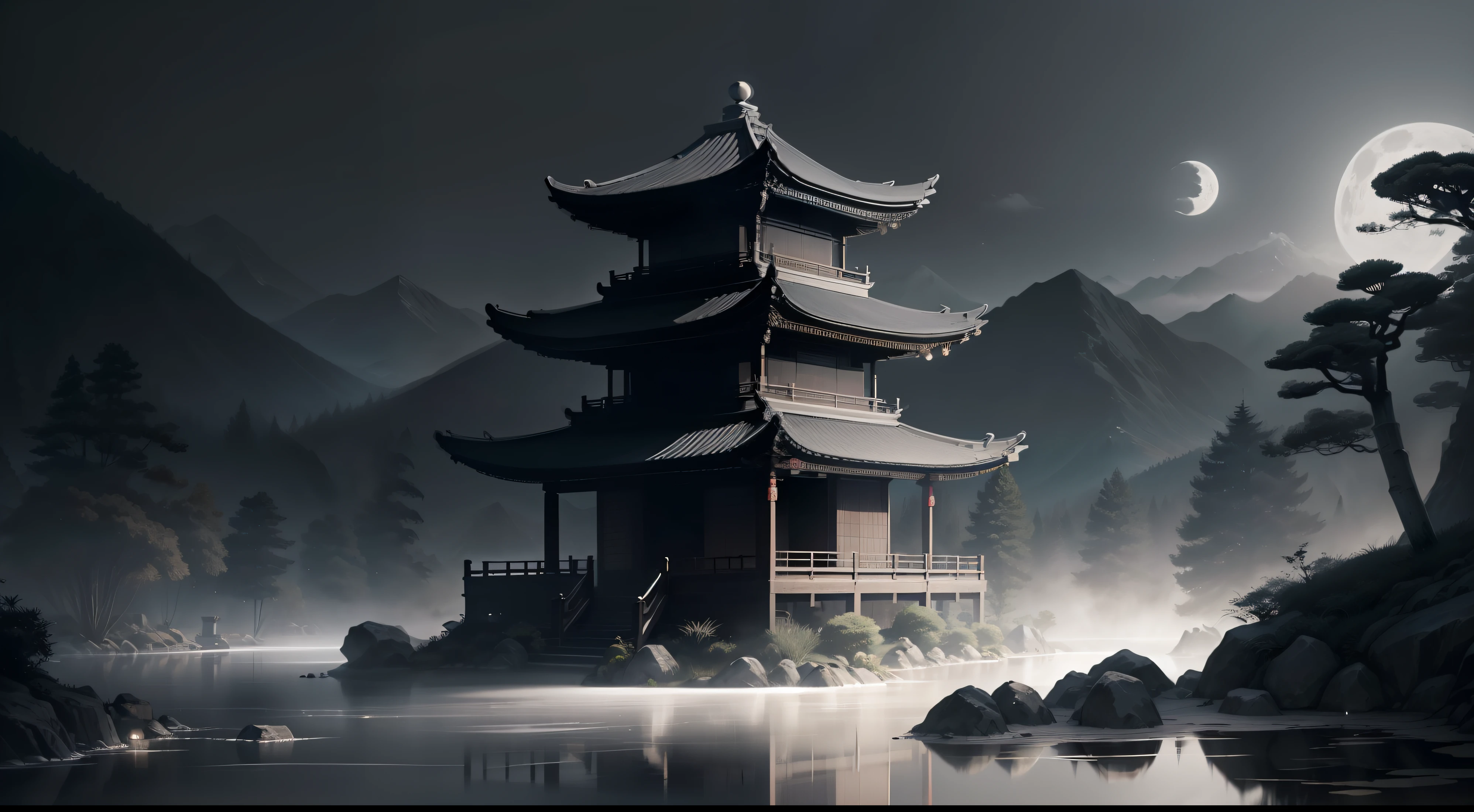 masterpiece,best quality,Chinese martial arts style,Asian night scene with lanterns and water lilies,Asian pond night scene with many lanterns and boats in the water, lake surface, lotus,beautiful night view,(((Chinese martial arts style))), and the vast sky, rolling mountains and steep cliffs, ink style, rim light, atmosphere, depth of field, mist rises, bamboo, pine, Octagonal Stone Pavilion, Waterfall,Big Full Moon,(have no color) , monochrome, light color,