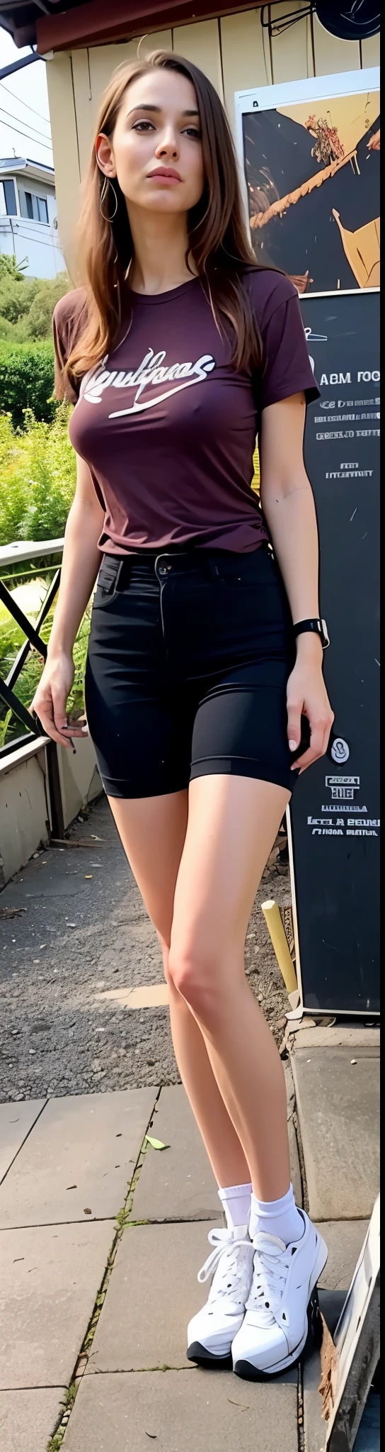 mulher arafada com camisa roxa e short preto parada ao lado de uma placa, coxas close up, vestindo shorts pretos, visible legs, large coxas, exposed coxas, joelhos dobrados, exposed coxas!!!, coxas, round coxas, very short pants, In shorts, close nas pernas, hand on hips, com dois bolsos frontais, usa shorts