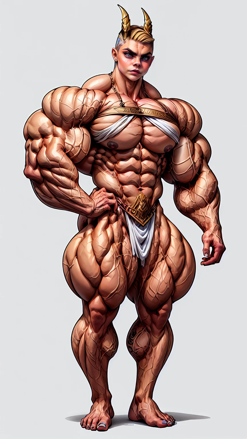 (1 girl), (cara delevingne:1.25), a drawing of a naked barbarian girl, (pink skintone:0.9), muscular body, feminine, huge upper body, wide shoulders, veins, beautiful face, full lips, slim face, high cheekbones, muscular, full body pose, in the art style of peter mohrbacher