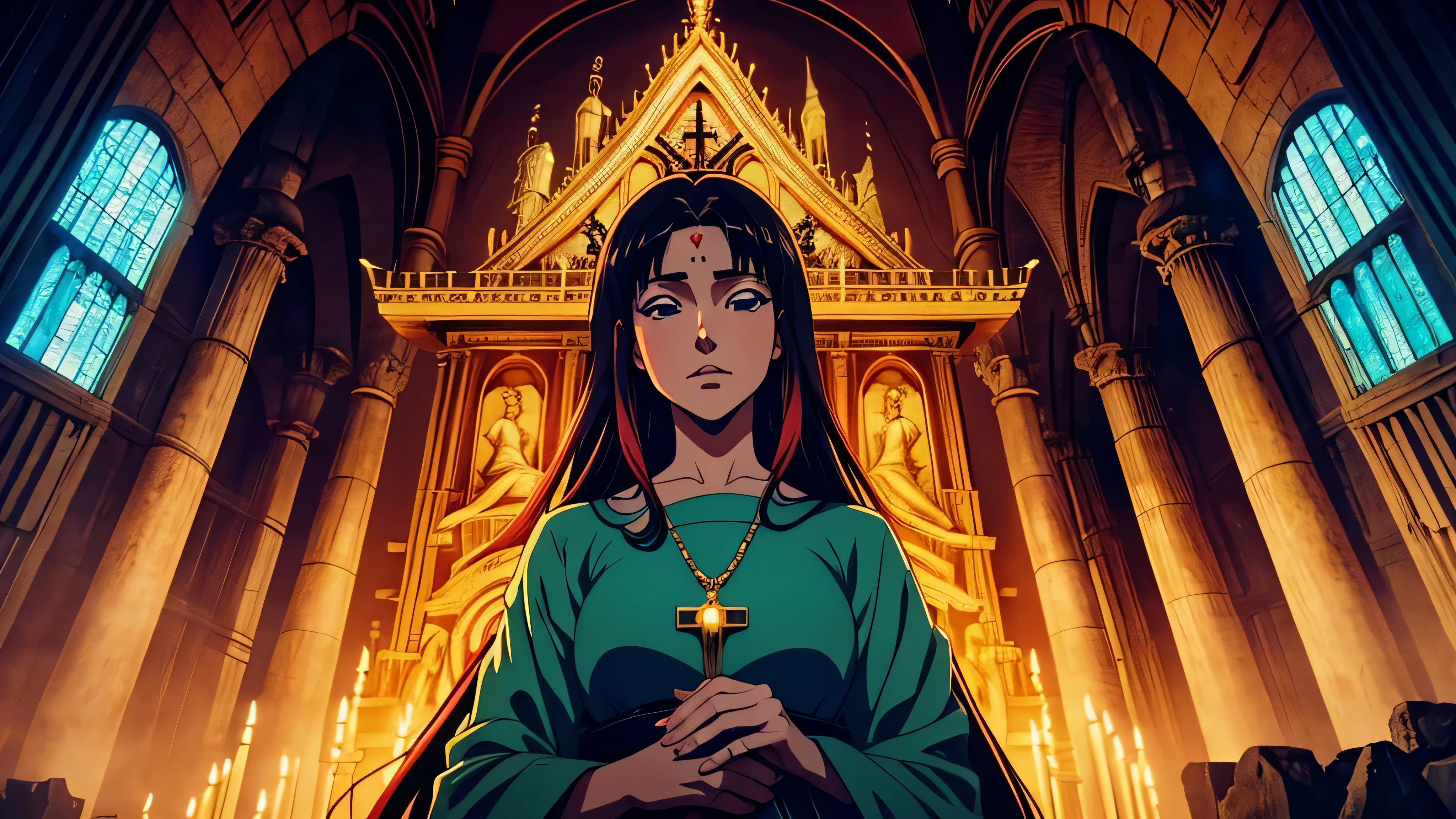 garota de anime, olhando para uma luz sagrada, jesus cristo, adorando, rezando, mar, prayer, rozário Album cover Anime Phonk Brain Sick, musica, ondas sonoras, com cores vermelho e preto neon