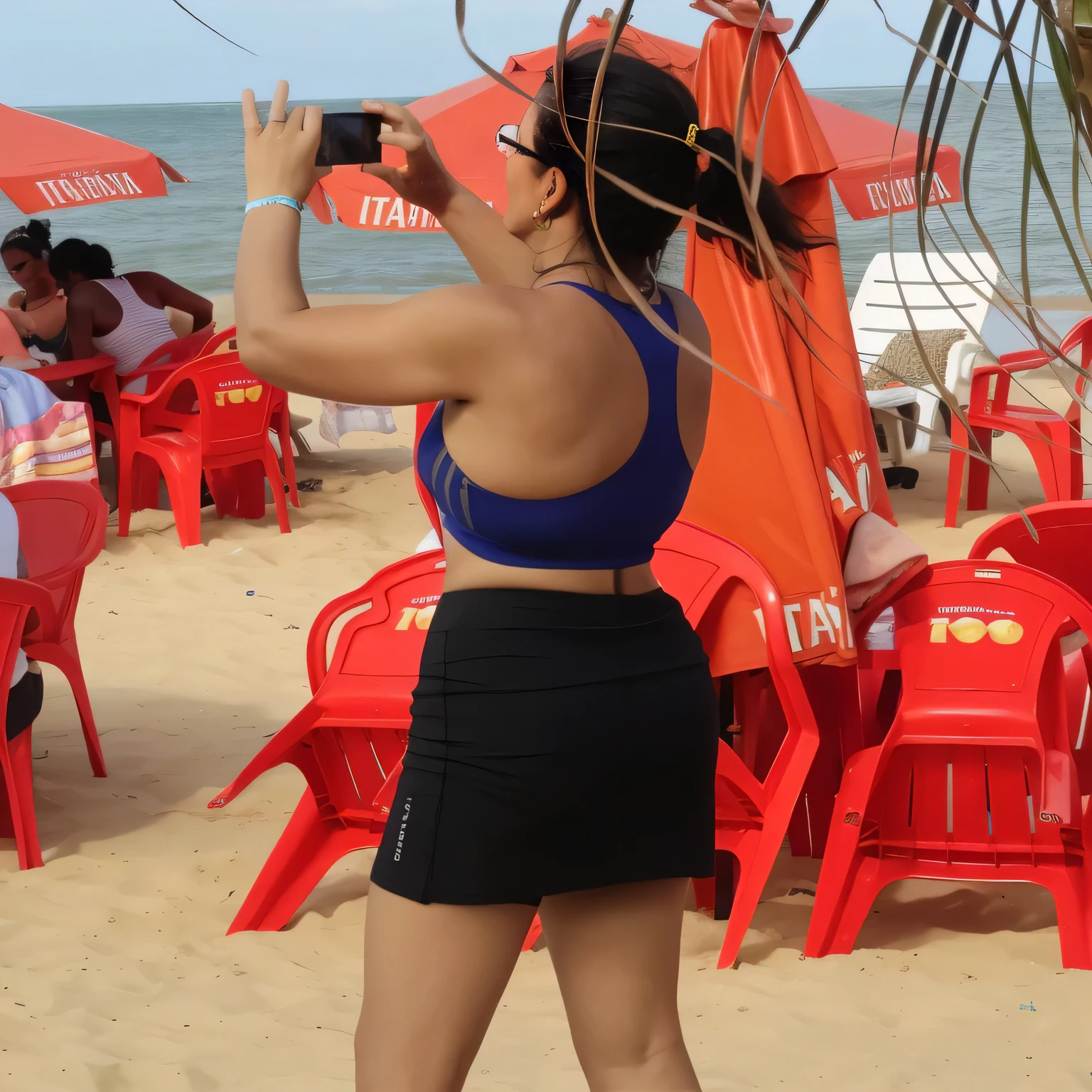 there are two women in the water at the beach, wearing two - piece swimsuit, is wearing a swimsuit, seen from the back, wearing spandex bikini, long shot from the back, other women dancing behind, uhd candid photo of dirty, skinny waist and thick hips, shot from the back, vacation photo, shapely derriere, from the back