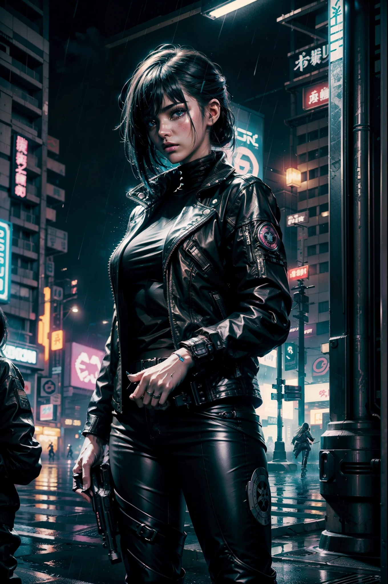 beautiful cyberpunk neon girl ((Calling Cards Call of Duty aesthetic style::1)), (masterpiece), highest quality, sharp focus,shortcut、beautiful japanese、rainy city、blade runner、ghost in the Shell、black leather jacket and leather pants、A dynamic pose