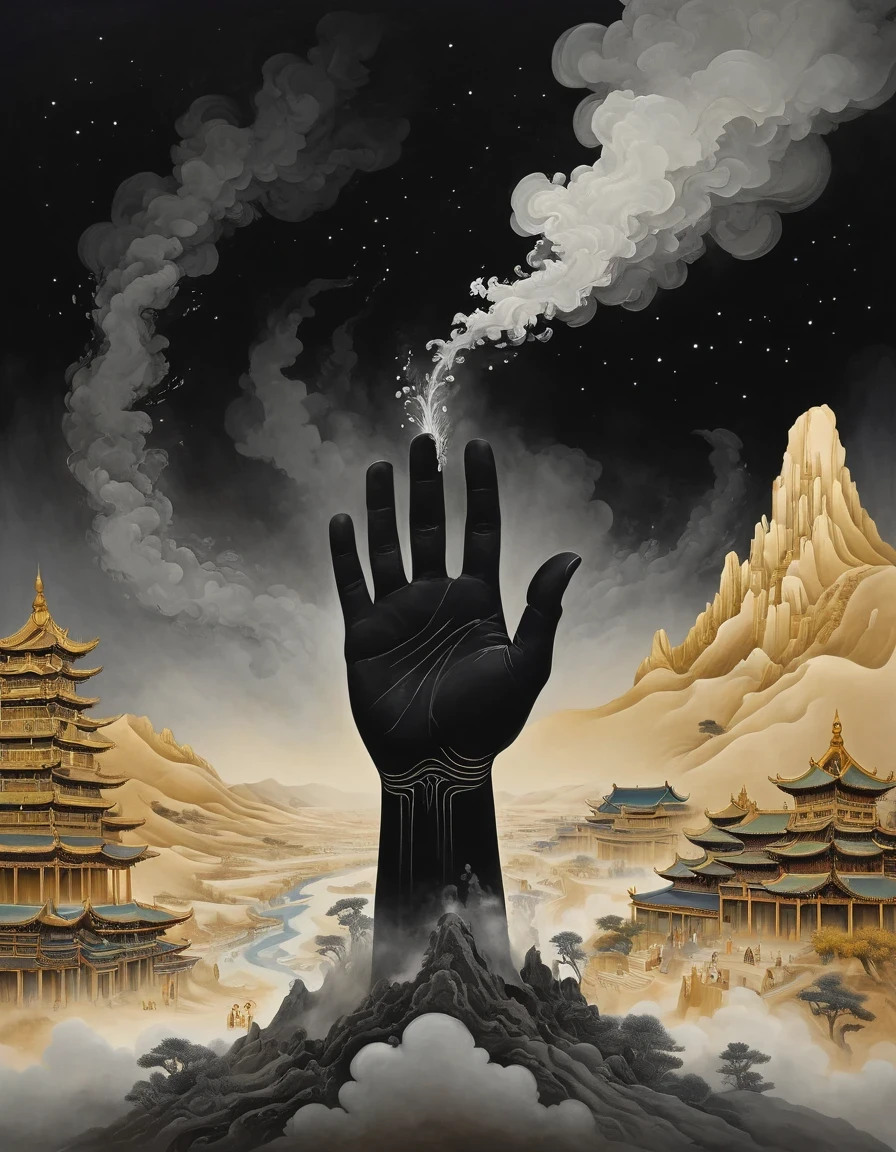 Giant hand in black with gold trim reaching down vertically from the sky, with Dunhuang frescoes in the background, minimalist, line art, changing from front and center to ghostly smoke, transitioning from solid to ghostly, wise and powerful yet calm, rich in detail, psychedelic, dreamy, theatrical, Chinese ancient style, painting style, ink painting, fantasy, surreal, ethereal