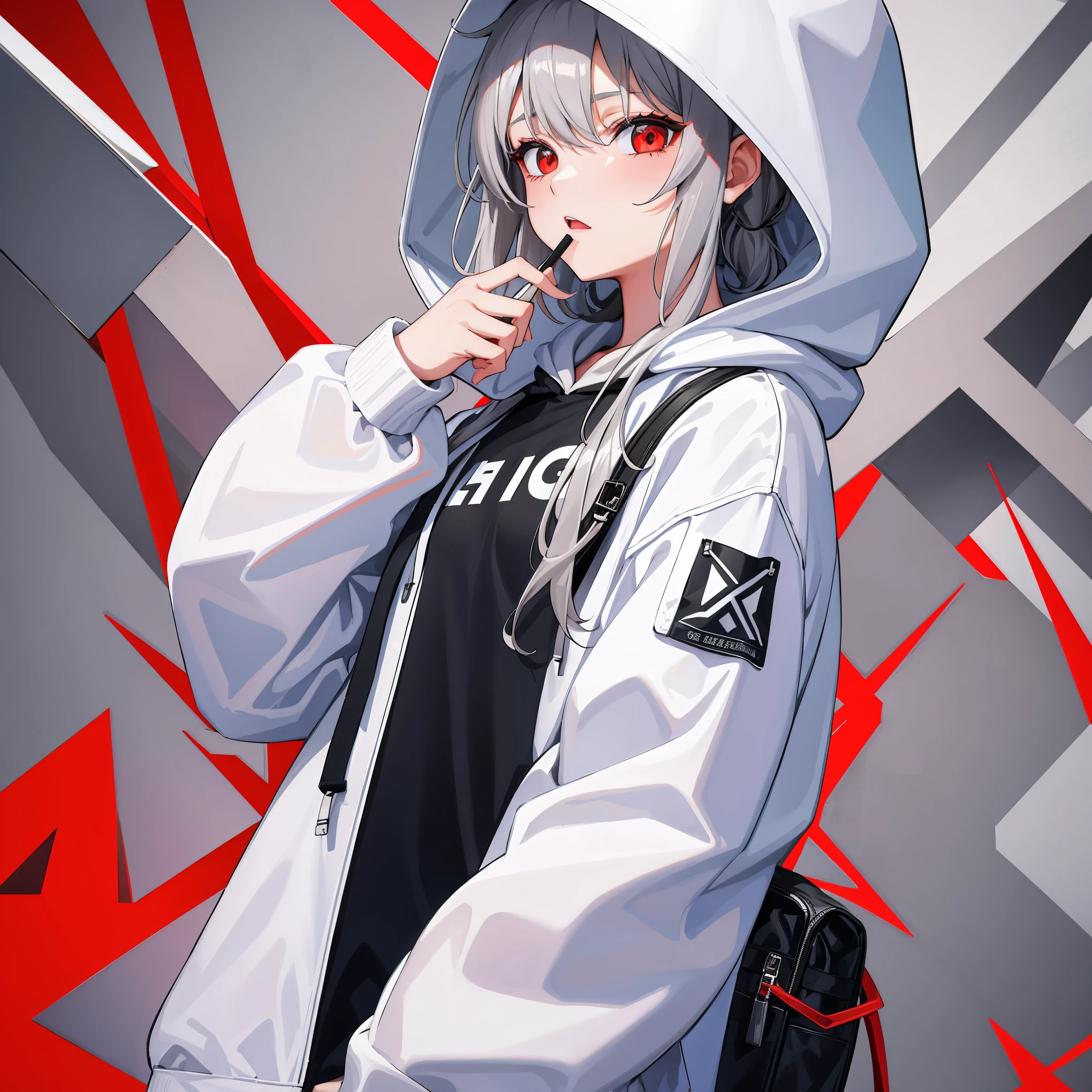 1girl, (grey_hair:1.2), (white_baggy_hoodie:1.2, baggy_hoodie:1.3), (white hoodie, hoodie:1.2), red_text_design, simple background, solo, looking at viewer, red eyes,