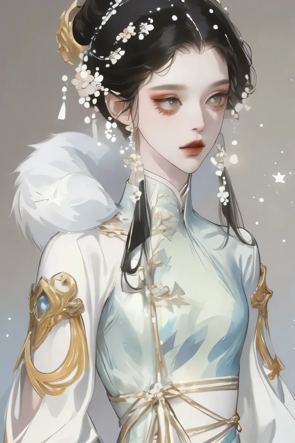 Masterpiece, a beautiful void goddess, full body white transparent clothes standing under empty night stars, disappearing transparent pants, full body standing, tall figure, slender legs, facial details, detailed body part details, 8k wallpaper