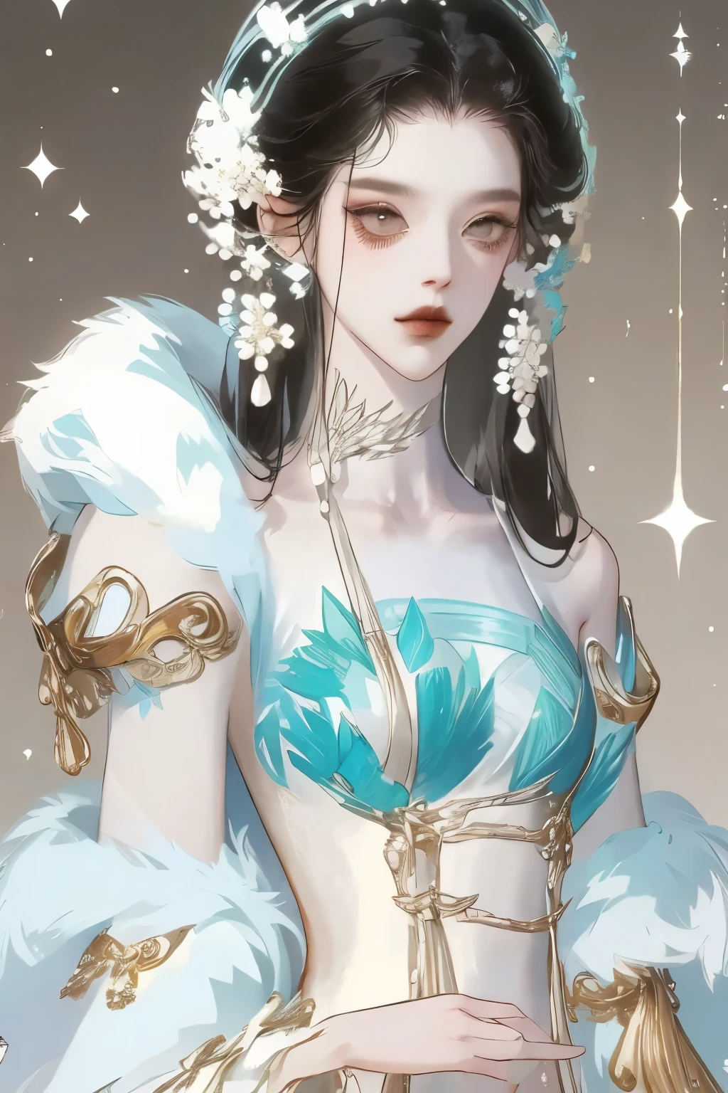 Masterpiece, a beautiful void goddess, full body white transparent clothes standing under empty night stars, disappearing transparent pants, full body standing, tall figure, slender legs, facial details, detailed body part details, 8k wallpaper