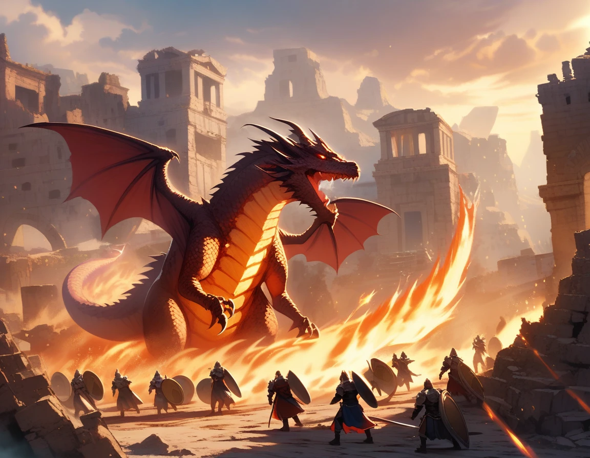 (Dragon breathing fire at knights), Red dragon, brave knights holding swords and shields, final battle, fantasy story, ancient ruins,