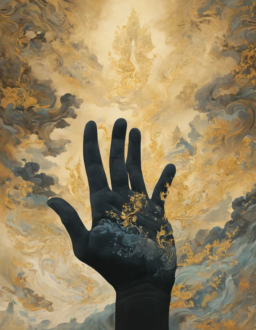 Giant hand in black with gold trim reaching down vertically from the sky, with Dunhuang frescoes in the background, minimalist, line art, changing from front and center to ghostly smoke, transitioning from solid to ghostly, wise and powerful yet calm, rich in detail, psychedelic, dreamy, theatrical, Chinese ancient style, painting style, ink painting, fantasy, surreal, ethereal