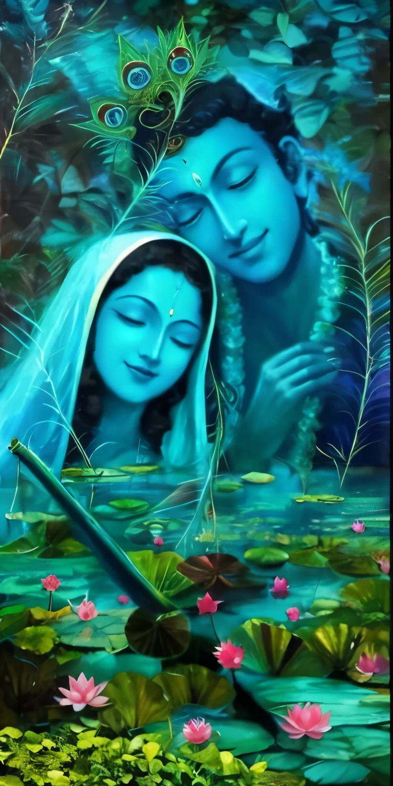 RadhaKrishna, closed eyes, adorable faces, divine smiles, blue mustic forest, lotus