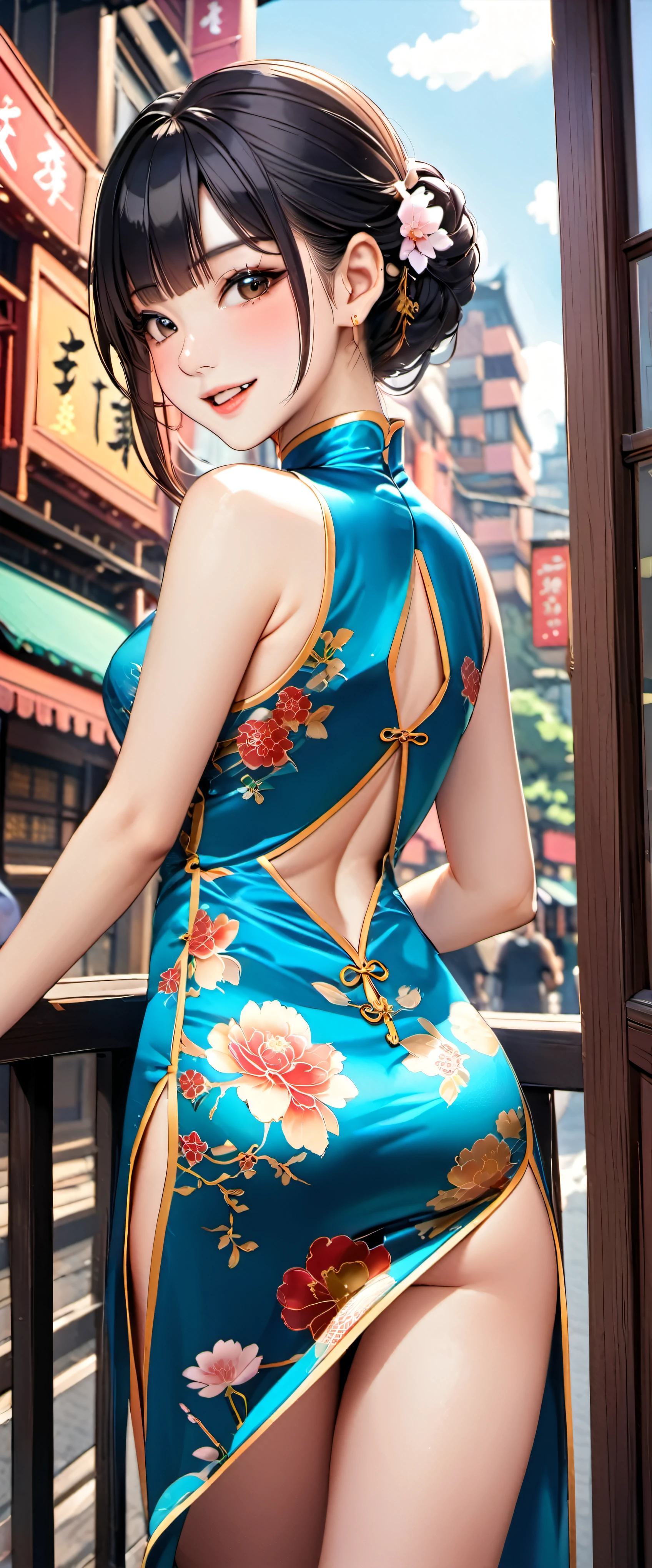 woman,20-year-old,city,(((Silk cheongsam))),,open mouth smile((black hair)),blush、,((turn around and look back))()Reflecting the buttocks