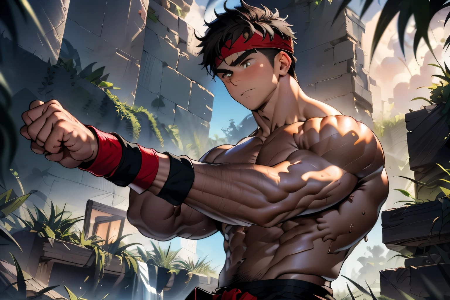 (Masterpiece, Best quality 18 year old boy, simple background, bust shot, looking away), solo, Young, boy, muscler, full bodyesbian, Shirtless, topless, (Dark Short straight hair, under cut, brown eyes), (torn cloth, red headband, ((black wristband))), Vivid colors, (hot Abs, big breast, chest muscle, upper arms), (topless male), closed mouth, tight muscler body, ((epic martial arts pose, fighting pose))