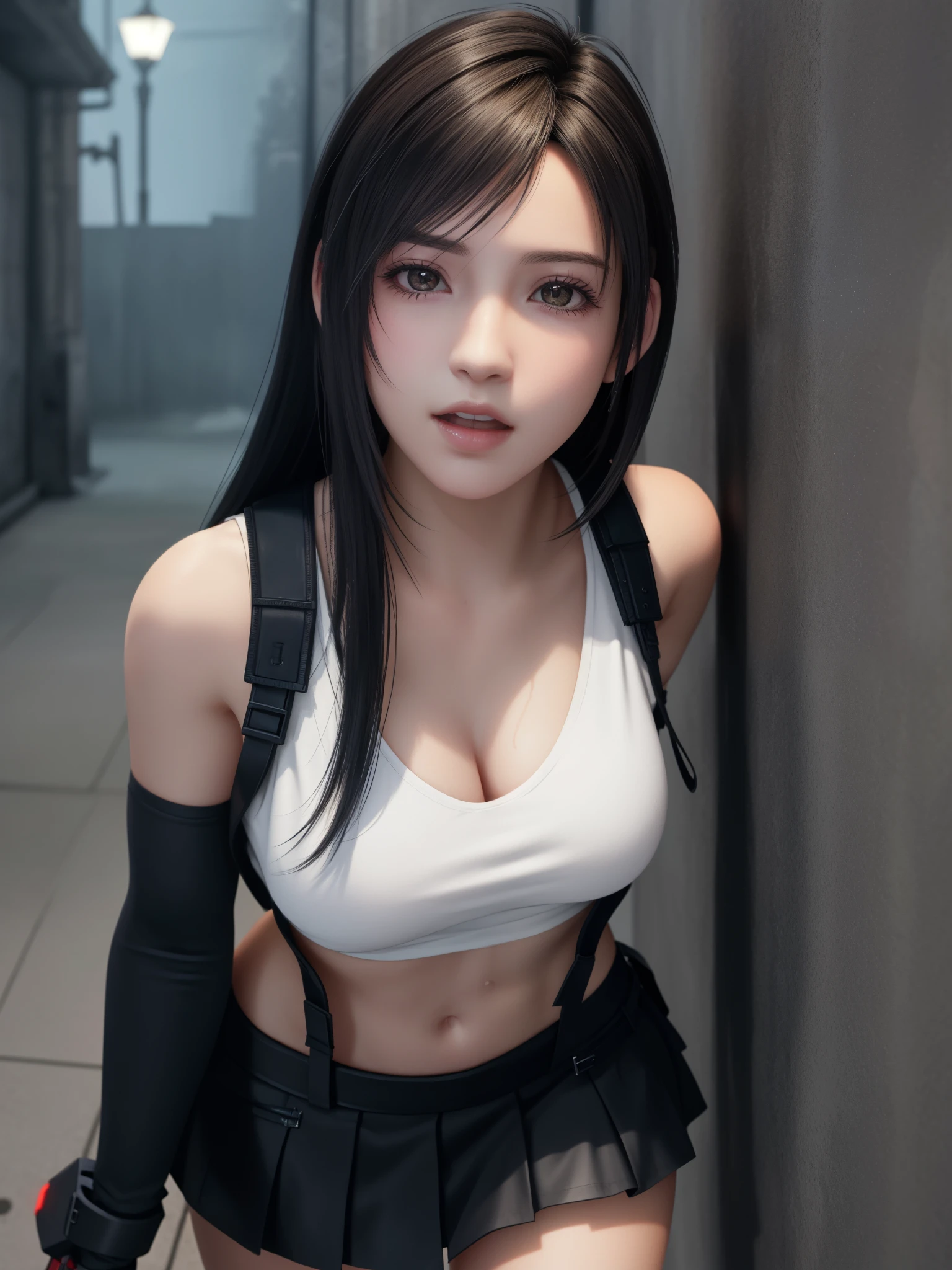 {top quality, masterpiece}, {{{Realistic, photo Realistic}}}, BREAK {{{FF7,Tifa_lockhart,solo}}},{{{A dark, barely lit torture chamber, wet, night}}},(face focus:1.1),  BREAK (((FF7,Tifa_lockhart))),{Light Brown Hair, Large breasts},(Tifa_lockhart uniform:1.3, suspenders, low rise, mini skirt, tank top),  BREAK (((FF7,Tifa_lockhart))),(crowd of monster:1.3),(many monsters:1.2), wet hair, about 18 years old,sensual, looking away:1.2, monsters attaking:1.3,(Tifa_lockhart,cornered against a wall),(being chased,run away),approaching fear, scream, pain, monsters crowd :1.7