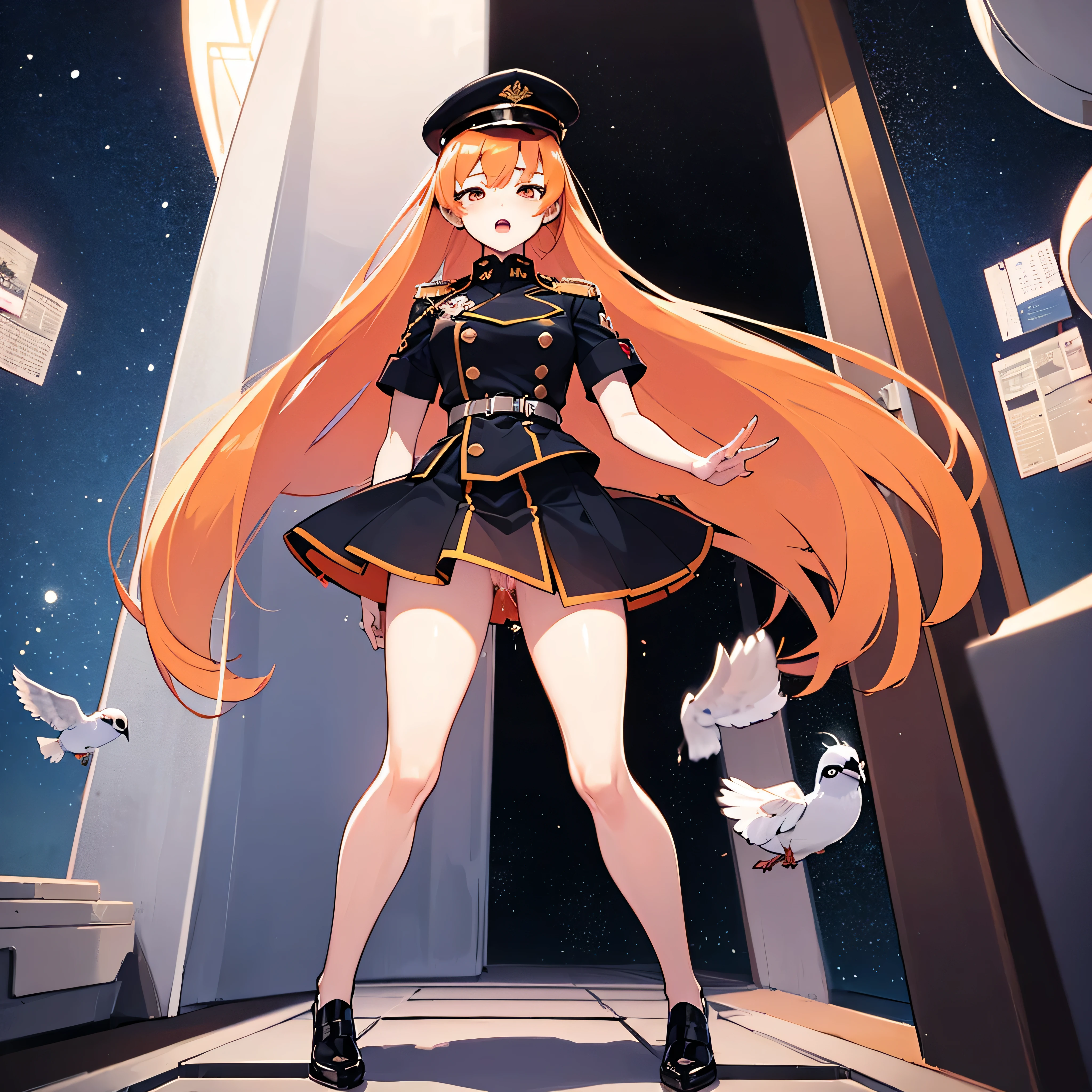 (solo:1.2), 1 childish girl standing in space ship, galaxy in distance, military uniform, too short skirt, (short orange hair), (very long sidelocks), narrow shoulders, narrow waist, skinny long legs, thigh gap, pigeon toed, (nsfw:0.5), orgasm, vagina squirts out pussy juice