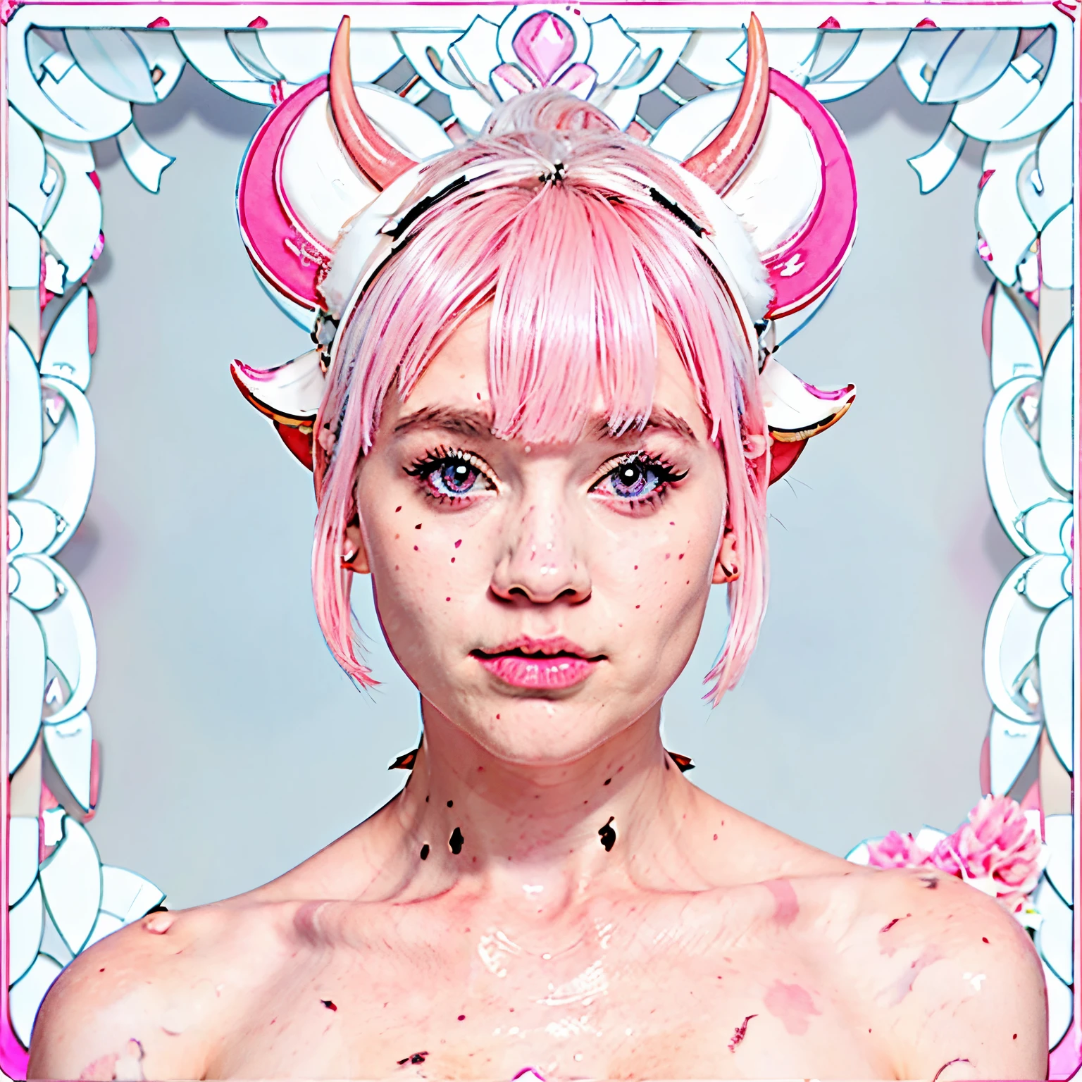 Girl with very short hair, bangs, pink eyes, white hair, small cow horns and cow ears, with cow patches on her skin. Mostly pastel pink and white colour palette 