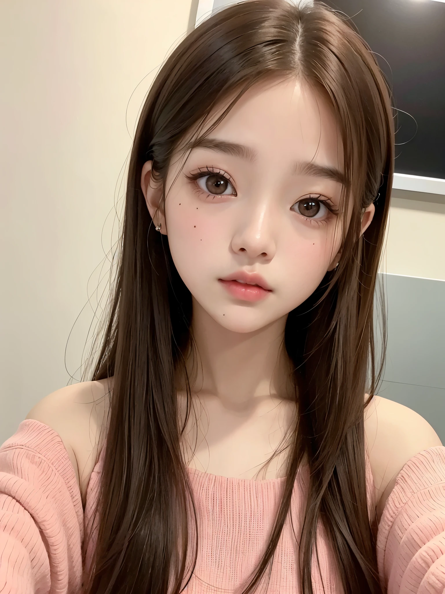 Young girl with very very light brown hair and pretty 20 years old, tiene cara de Wonyoung en, images in different planes, Jang Wonyoung, doll eyes, estilo hiperfemenino y lindo, prendas rosadas. Chica japonesa, very tender asian girl with pale skin, ojos grandes, ojos de bambi, labios gruesos, ropa rosa, ella tiene el cabello muy largo, su rostro es tierno, se parece a Jang Wonyoung de ive, es Wonyoung.